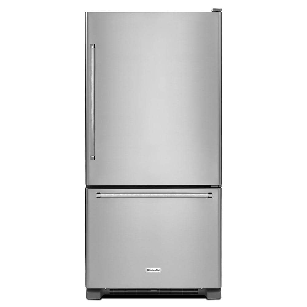 Front. KitchenAid - 19 Cu. Ft. Bottom-Freezer Refrigerator with Produce Preserver - Stainless Steel.