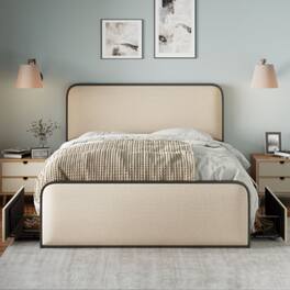 LUCKY ONE - Queen Size Modern Metal Bed Frame with Curved Upholstered Headboard and Footboard, 4 Storage Drawers - Beige