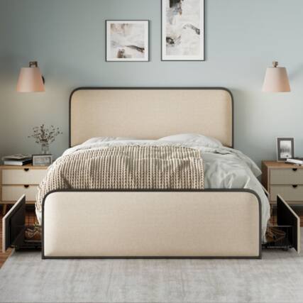 Front. LUCKY ONE - Queen Size Modern Metal Bed Frame with Curved Upholstered Headboard and Footboard, 4 Storage Drawers - Beige.