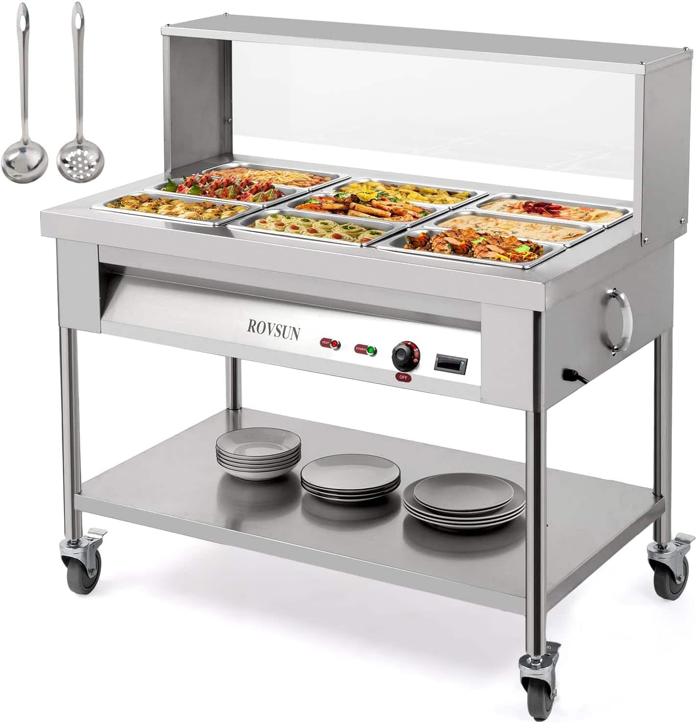 Winado - 72QT Steam Table, 9-Pan Electric Commercial Food Warmer Stainless Steel Bain Marie w/Acrylic Shield Overshelf 1500W 110V - Silver