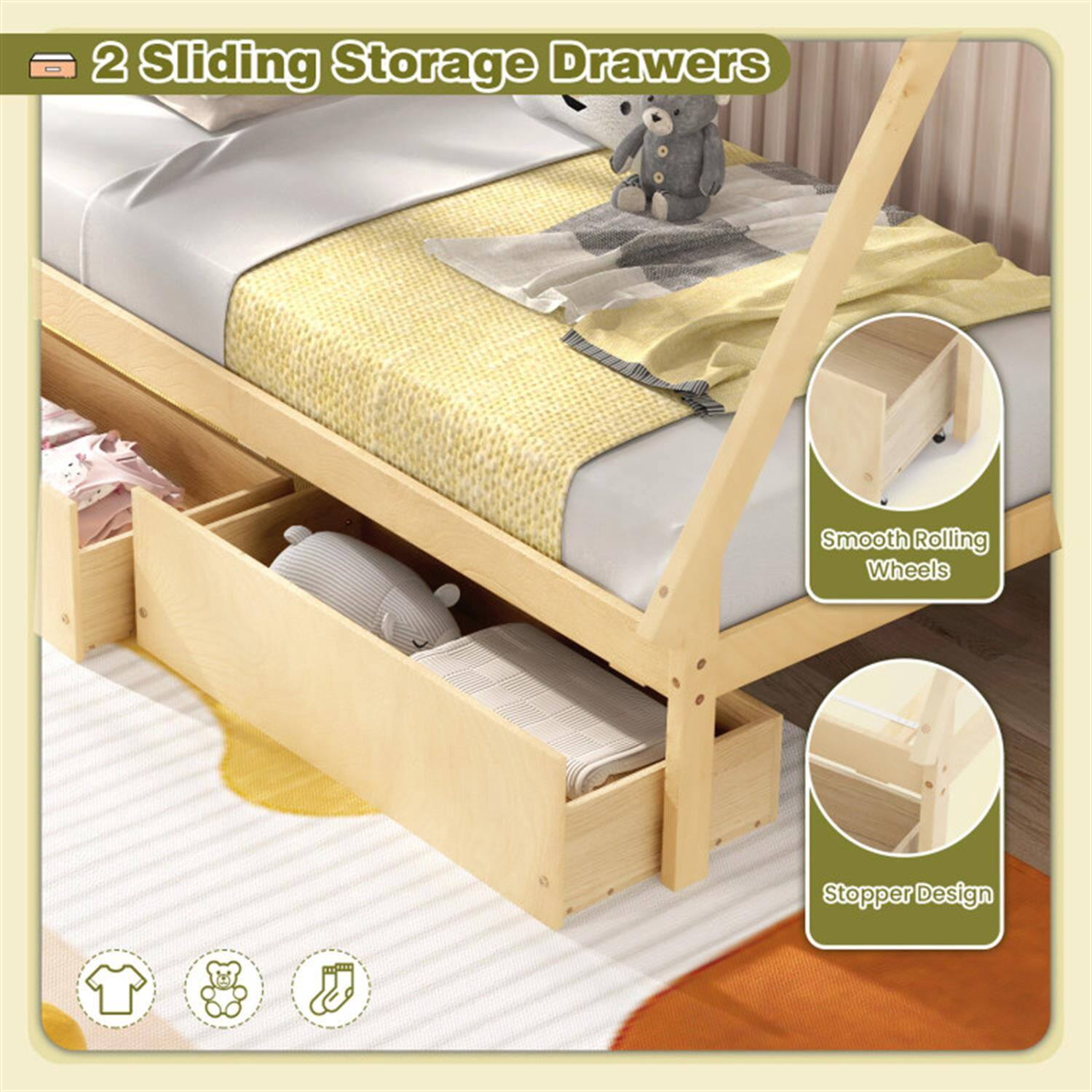 2 Sliding Storage Drawers  
Smooth Rolling Wheels  
Stopper Design