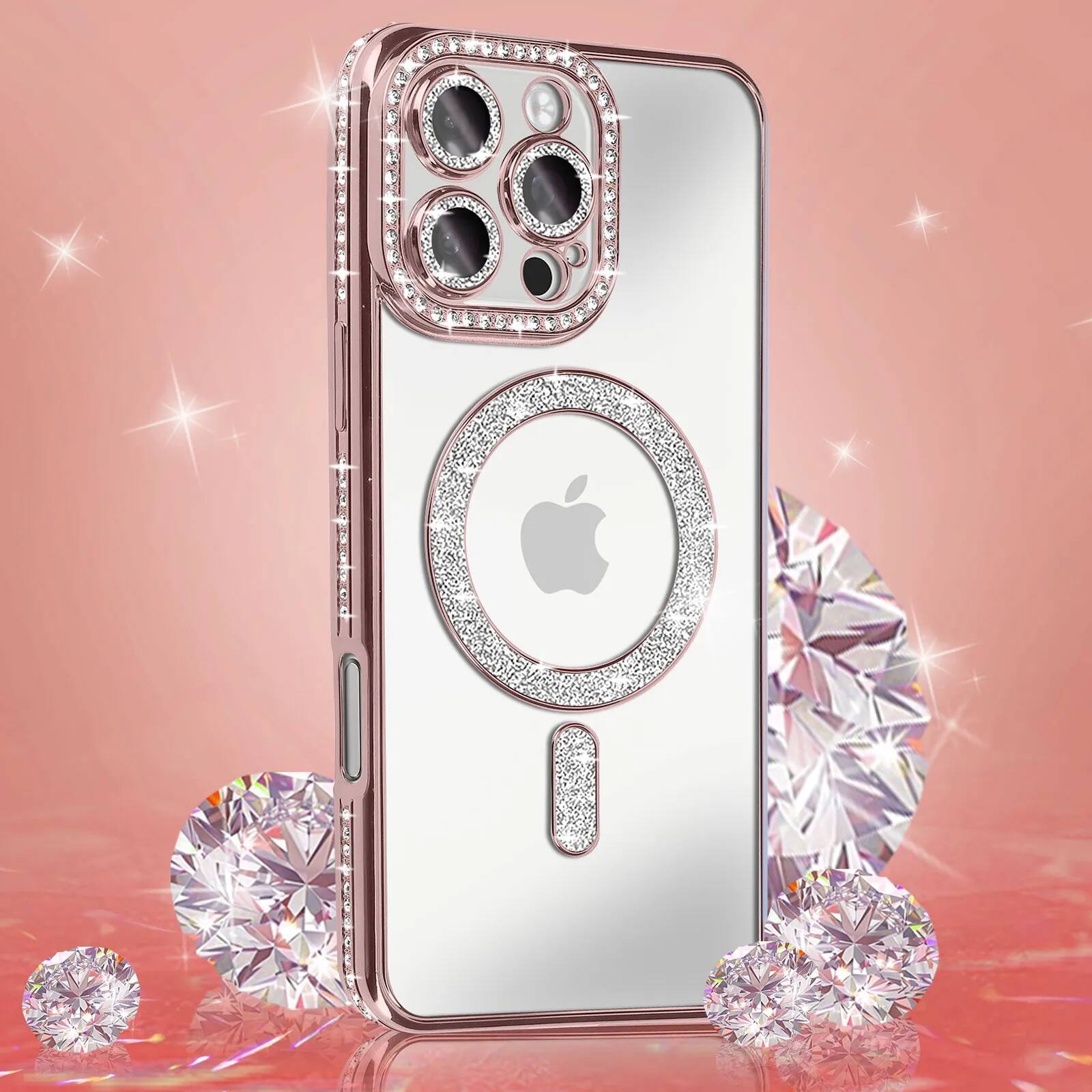 Left. Entronix - Entronix Magnetic Case for iPhone 16 Pro Max - Clear Back with Luxury Diamond Design - Gold.