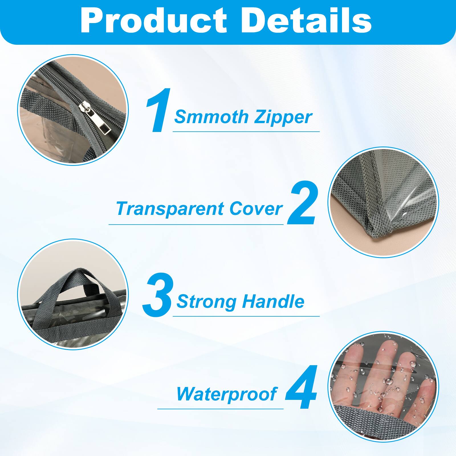 Product Details

1. Smooth Zipper
2. Transparent Cover
3. Strong Handle
4. Waterproof
