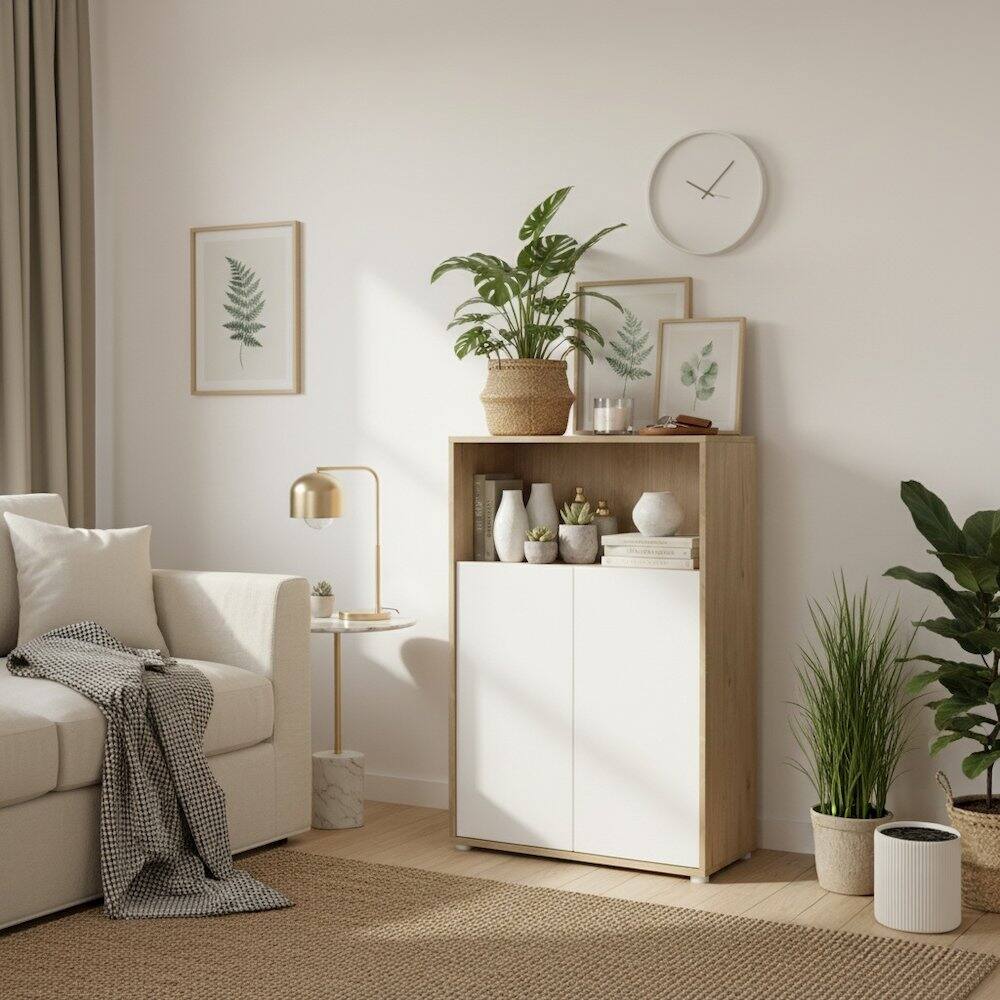 Angle. FurniFact - 3-Shelf Bookcase with 2 Doors and Adjustable Storage Shelves - Brown.