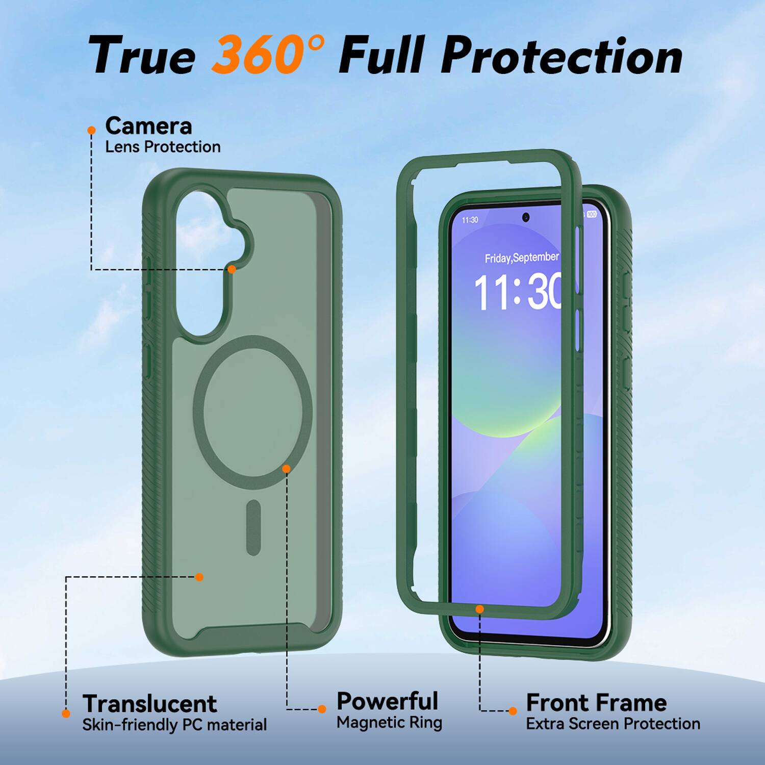 True 360° Full Protection

- Camera Lens Protection
- Translucent Skin-friendly PC material
- Powerful Magnetic Ring
- Front Frame Extra Screen Protection

Friday, September 11:30