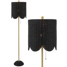 Front. Jonathan Y - Joel 63.5" Coastal Bohemian Scallop Shade Rattan/Metal LED Floor Lamp with Pull Chain, Black/Brass Gold - Black/Brass Gold.