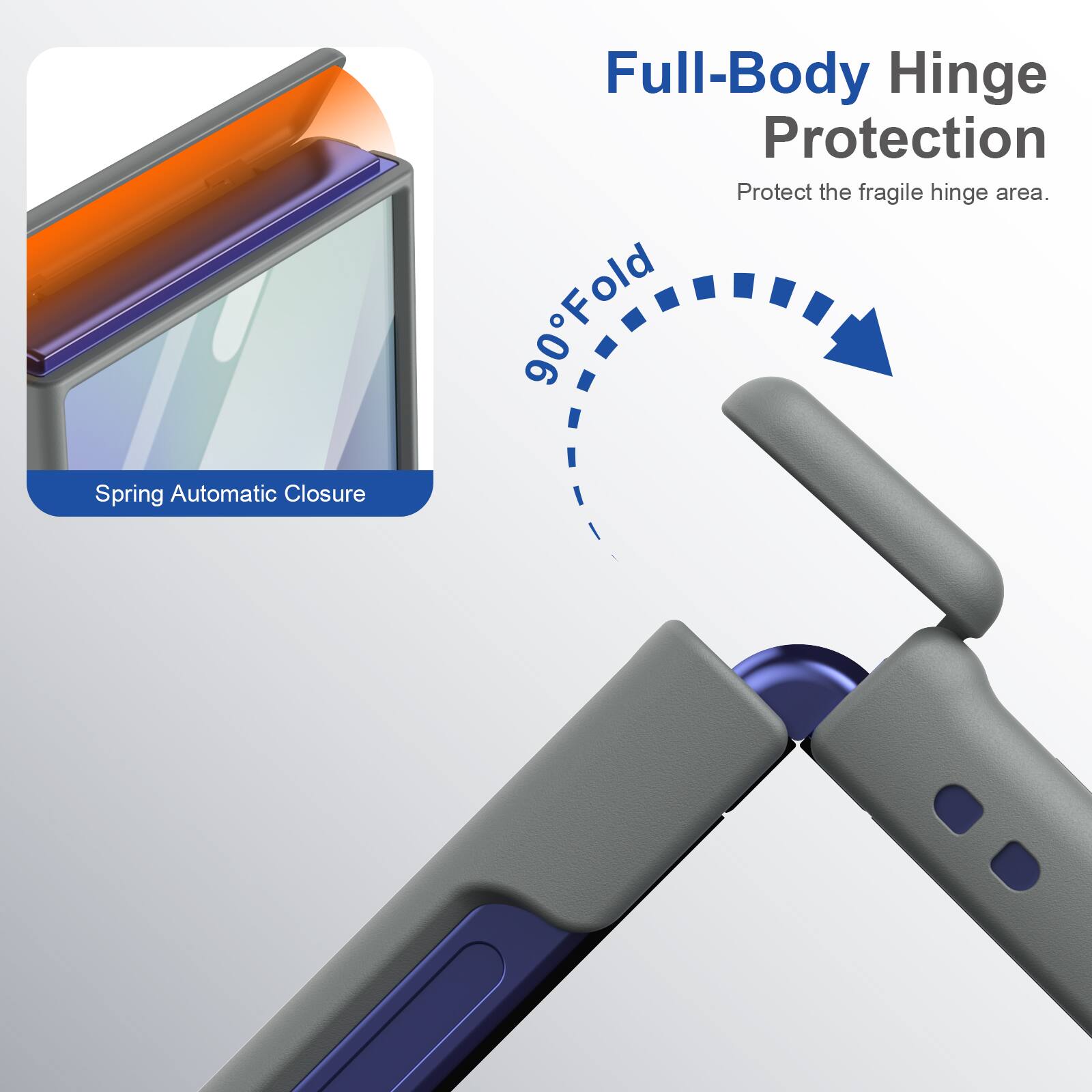 Spring Automatic Closure  
Full-Body Hinge Protection  
Protect the fragile hinge area.  
90° Fold