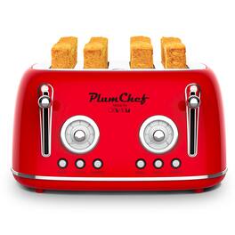 HOMLUX - 4 Slice Retro Style Toaster Dual Control Toaster 6 Browning Settings Bagel/Defrost Functions Removable Crumb - Red