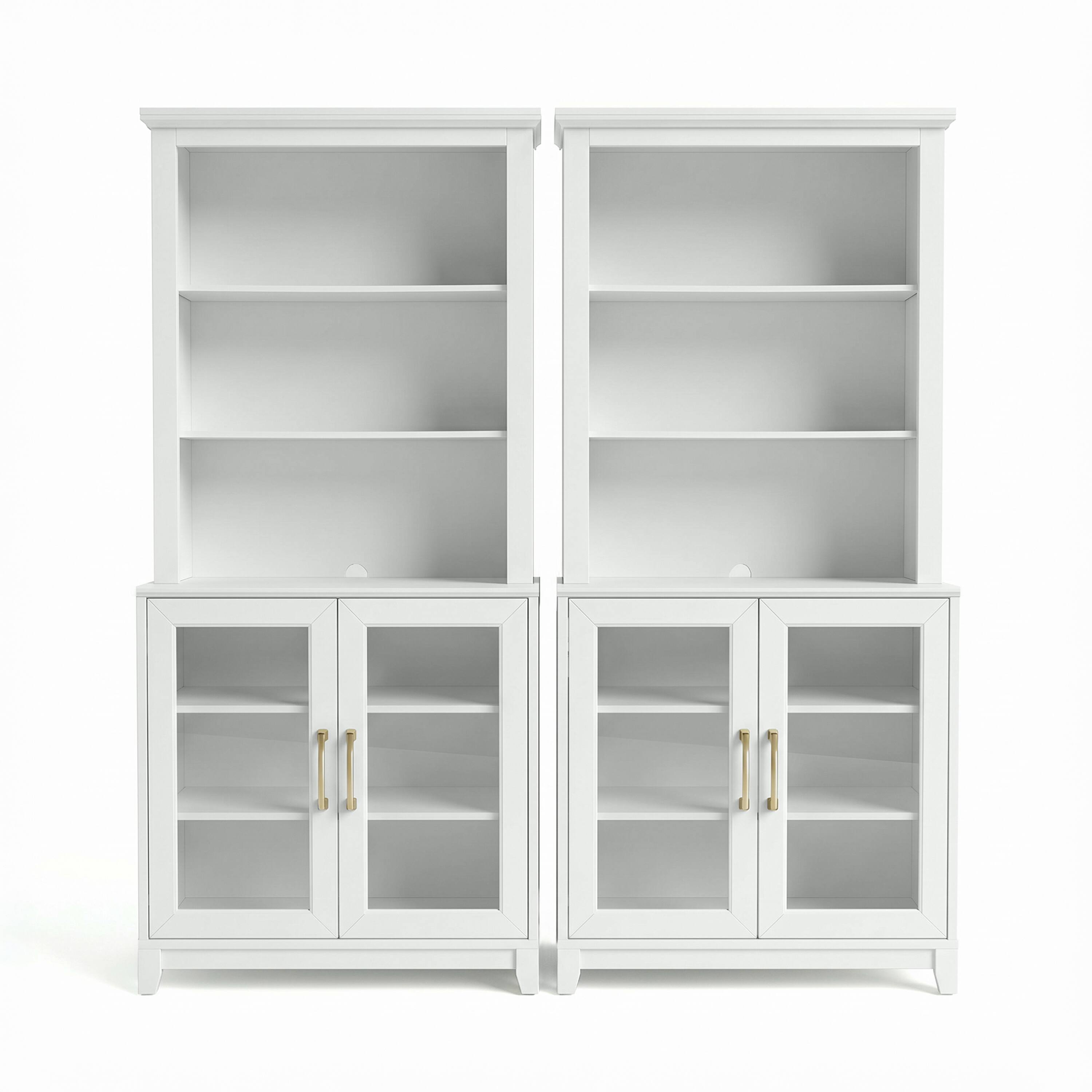 Alt View 1. Martha Stewart - Bedford Set of 2 Modular Cabinets and 2 Hutch Set, Premium Hardware, Open Top Shelves, Soft-Close Glass Doors - White Frame/Gold Hardware.