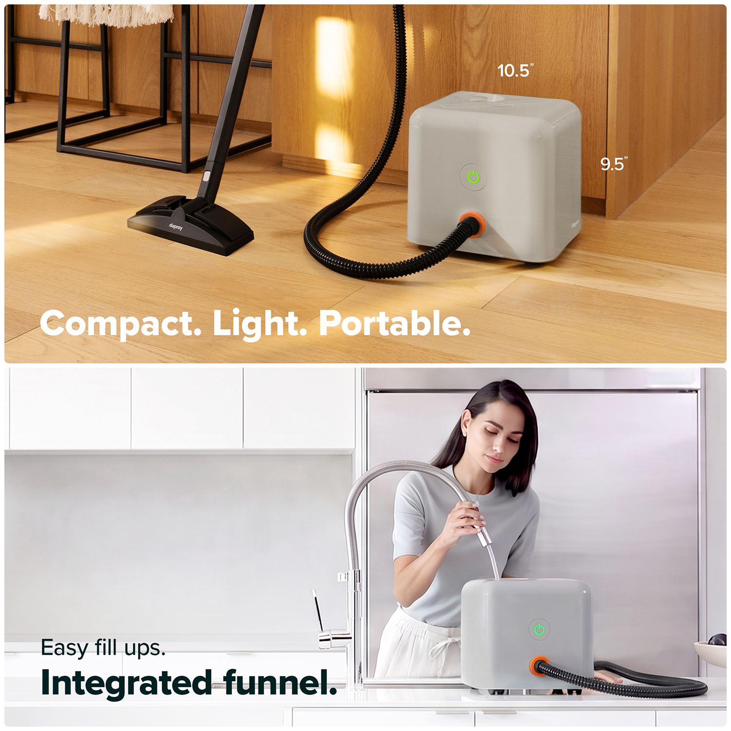 10.5"  
9.5"  
kcodog  
Compact. Light. Portable.  
Easy fill ups.  
Integrated funnel.
