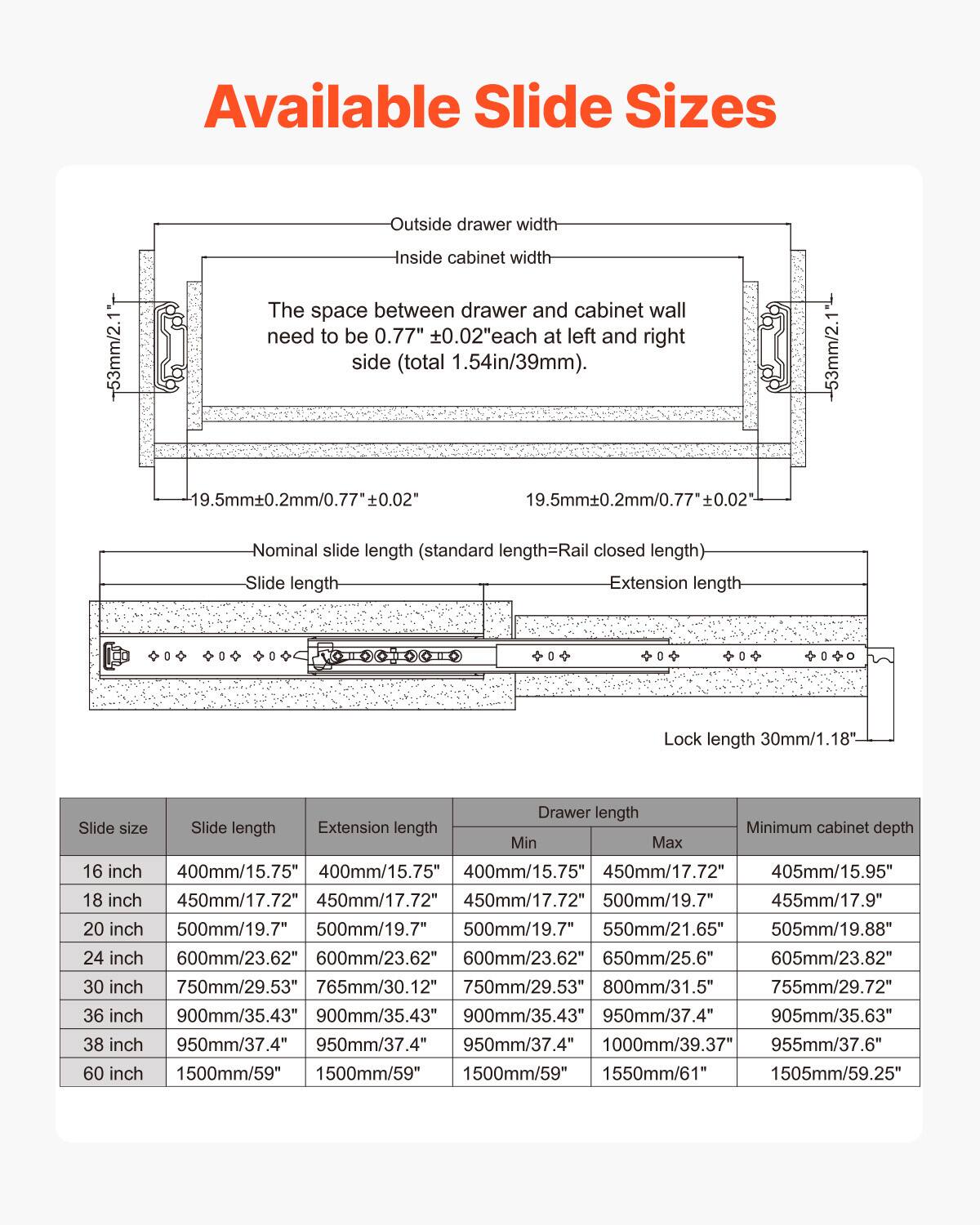 **Available Slide Sizes**

- **Outside drawer width:** 53mm/2.1"
- **Inside cabinet width:** The space between drawer and cabinet wall need to be 0.77" ±0.02" each at left and right side (total 1.54in/39mm).

- **Nominal slide length (standard length=Rail closed length)**
  - **Slide length**
  - **Extension length**
  - **Lock length:** 30mm/1.18"

| Slide size | Slide length | Extension length | Drawer length | Minimum cabinet depth |
|-----------|--------------|-----------------|---------------|----------------------|
| 16 inch   | 400mm/15.75"  | 400mm/15.75"     | 400mm/15.75"   | 450mm/17.72"          |
| 18 inch   | 450mm/17.72"  | 450mm/17.72"     | 450mm/17.72"   | 455