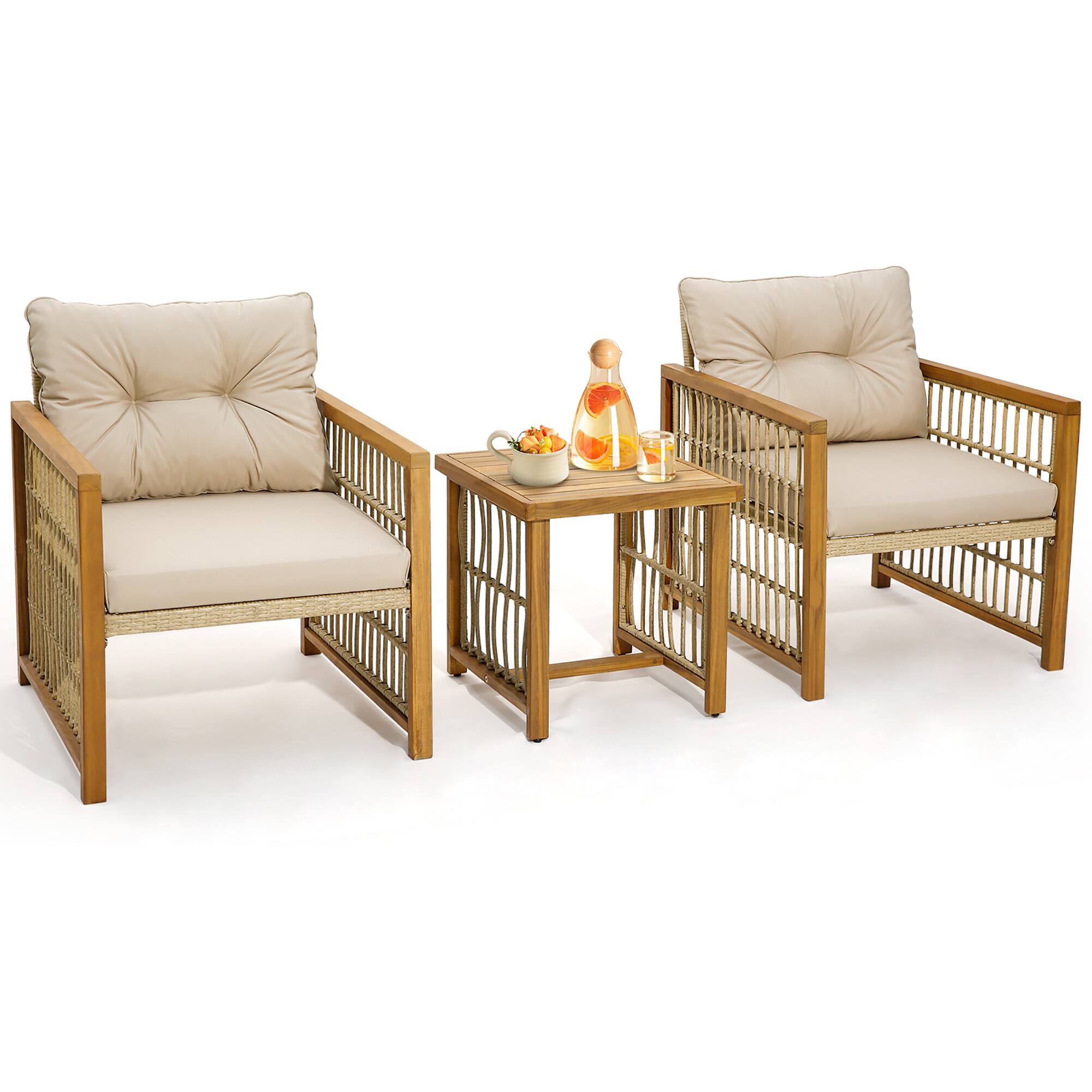 Alt View 1. Gymax - Gymax 3PCS Patio Acacia Wood PE Wicker Furniture Set w/ Soft Seat & Back Cushions - Beige.