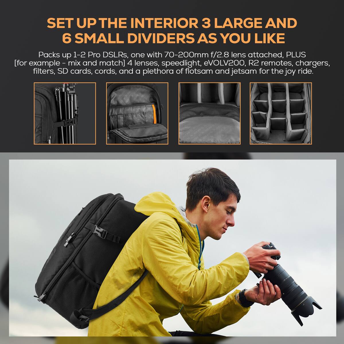 SET UP THE INTERIOR 3 LARGE AND 6 SMALL DIVIDERS AS YOU LIKE

Packs up 1-2 Pro DSLRs, one with 70-200mm f/2.8 lens attached, PLUS [for example - mix and match] 4 lenses, speedlight, eVOLV200, R2 remotes, chargers, filters, SD cards, cords, and a plethora of flotsam and jetsam for the joy ride.