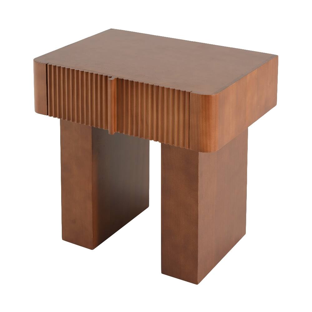 Back. Loheer - Loheer Wood End Table with Drawer Mid-Century Side Table Walnut Nightstand Fluted Accent Table for Living Room Bedroom - Walnut.