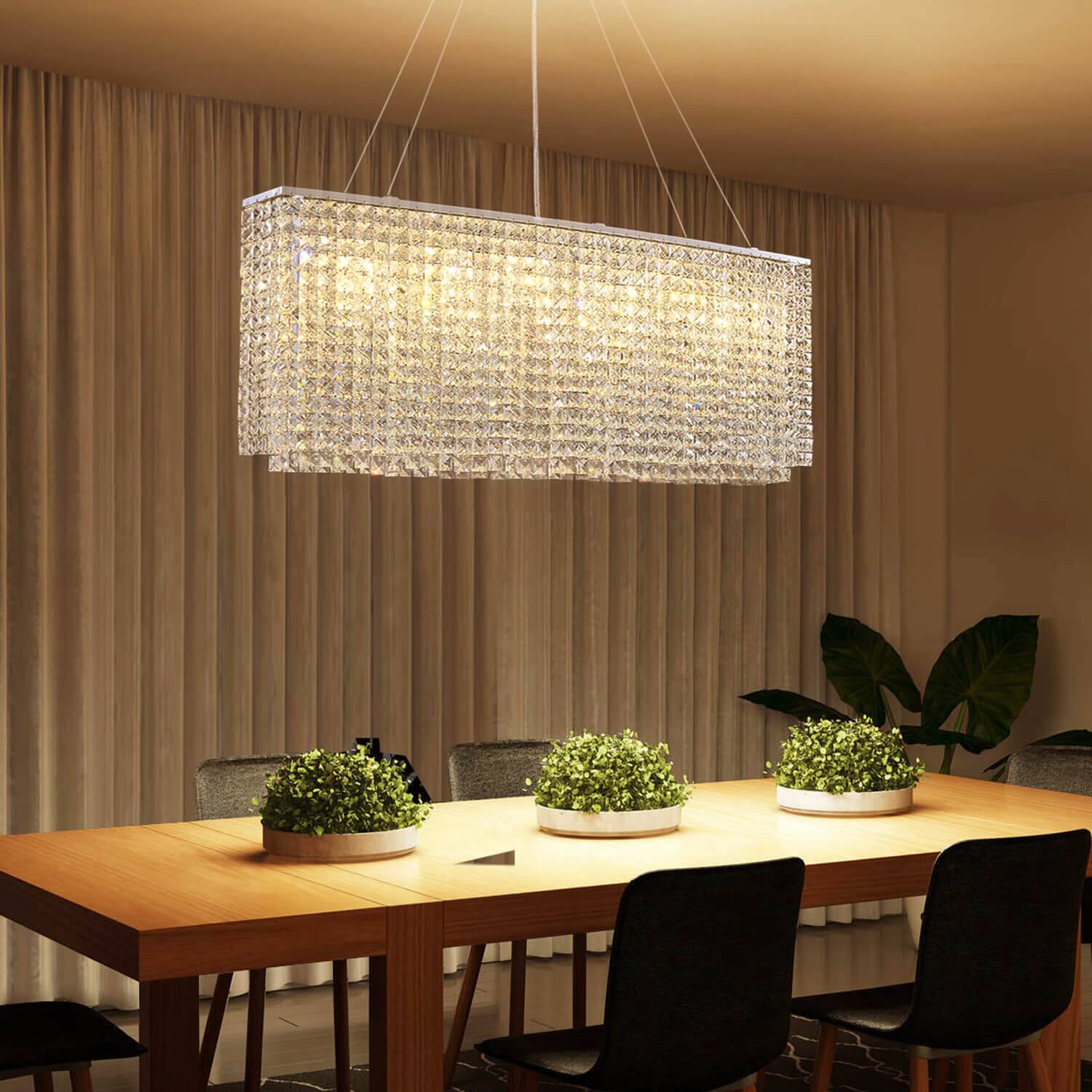 Angle. Siljoy - Modern Linear Rectangular Crystal Chandelier K9 Raindrop Crystals  for Dining Room, Kitchen Island & Living Roomm - White.
