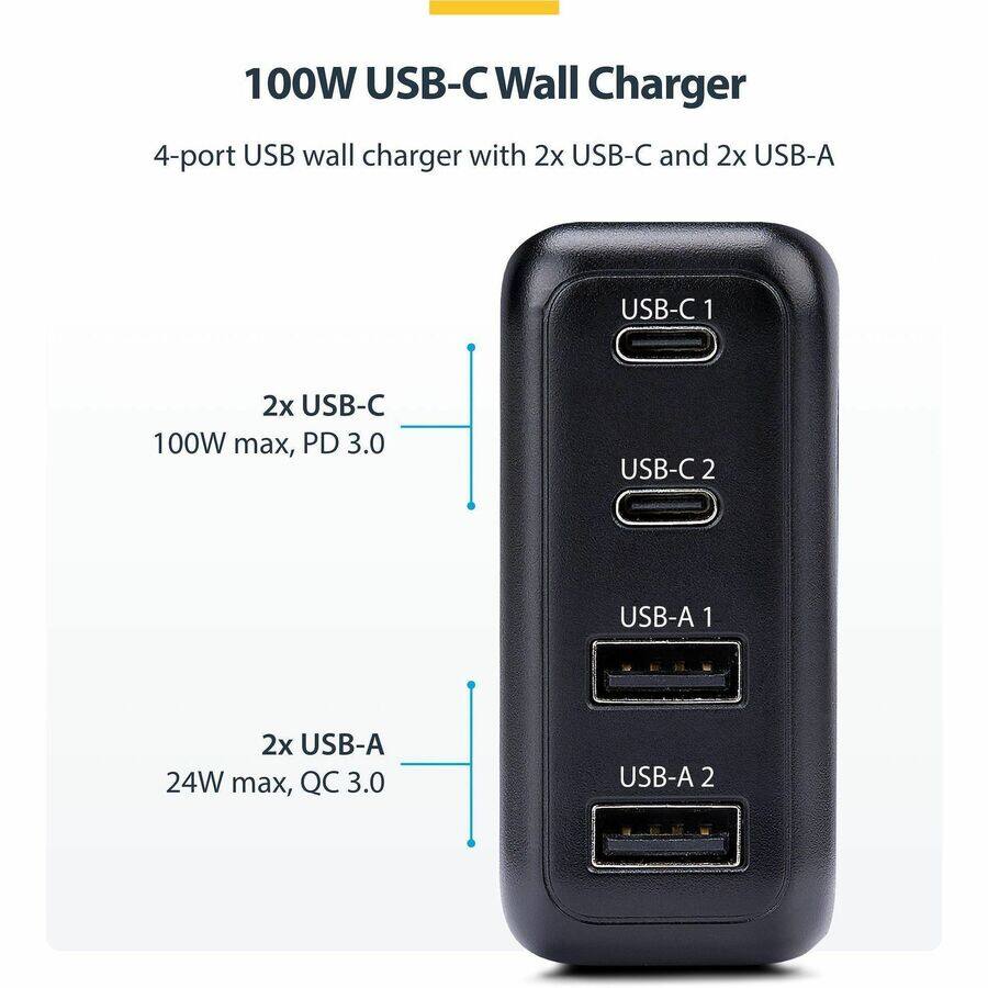 100W USB-C Wall Charger  
4-port USB wall charger with 2x USB-C and 2x USB-A  

USB-C1  
2x USB-C 100W max, PD 3.0  

USB-C2  

USB-A1  
2x USB-A 24W max, QC 3.0  

USB-A 2