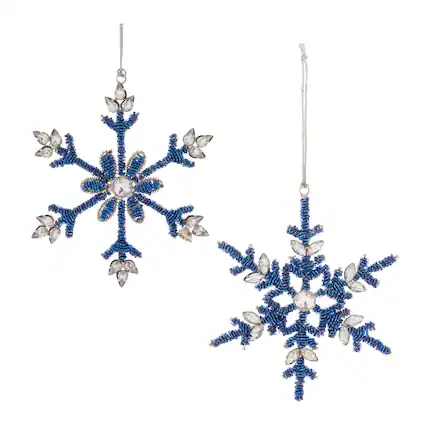 Front. BreeBe - Beaded Metal Snowflake Ornament (Set of 12) - Blue, Gray.