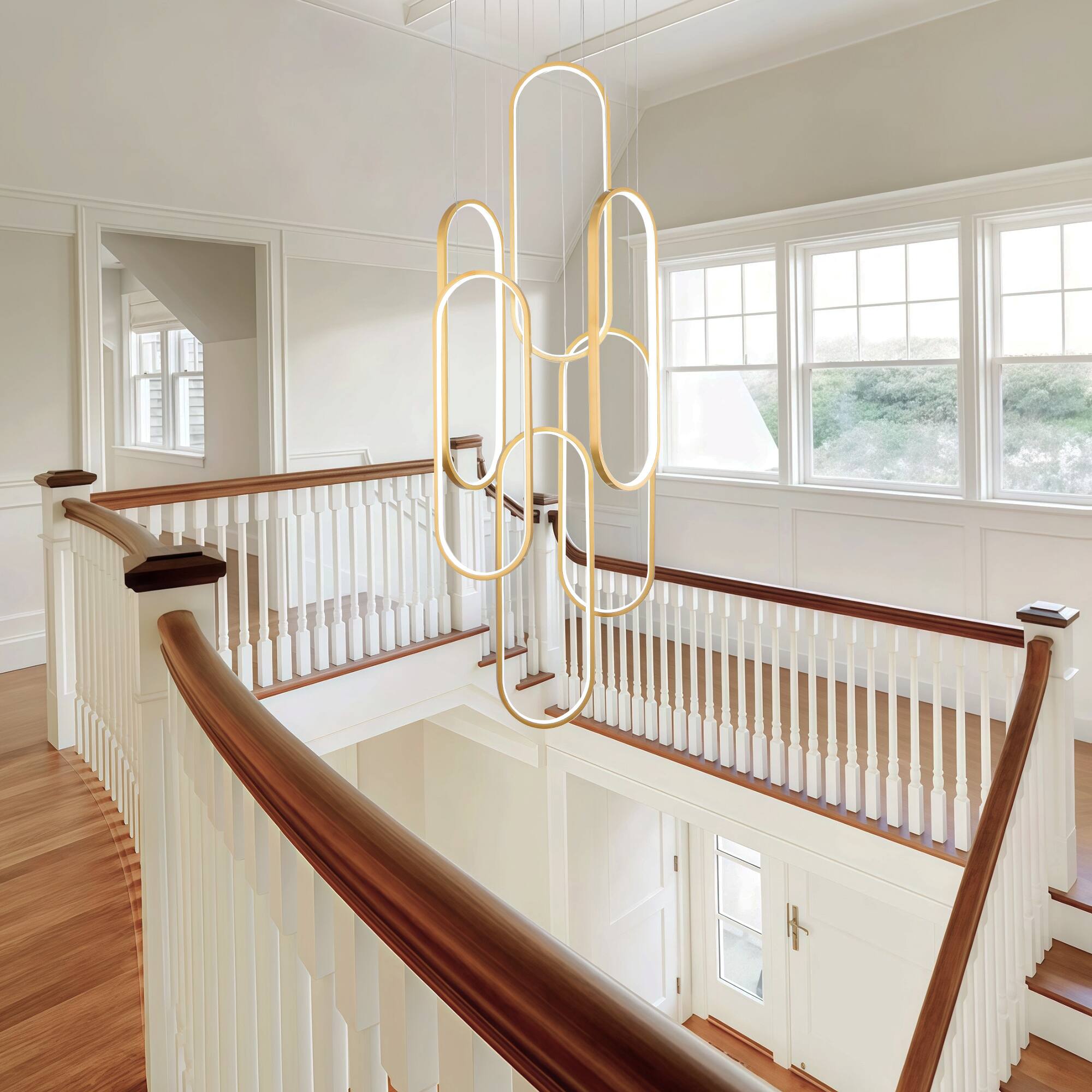 Back. RYHNUYNE - 6-Ring Modern LED Dimmable Pendant Light Fixture,Gold Large High Ceiling Chandelier,Contemporary Light for Staircase - Gold.