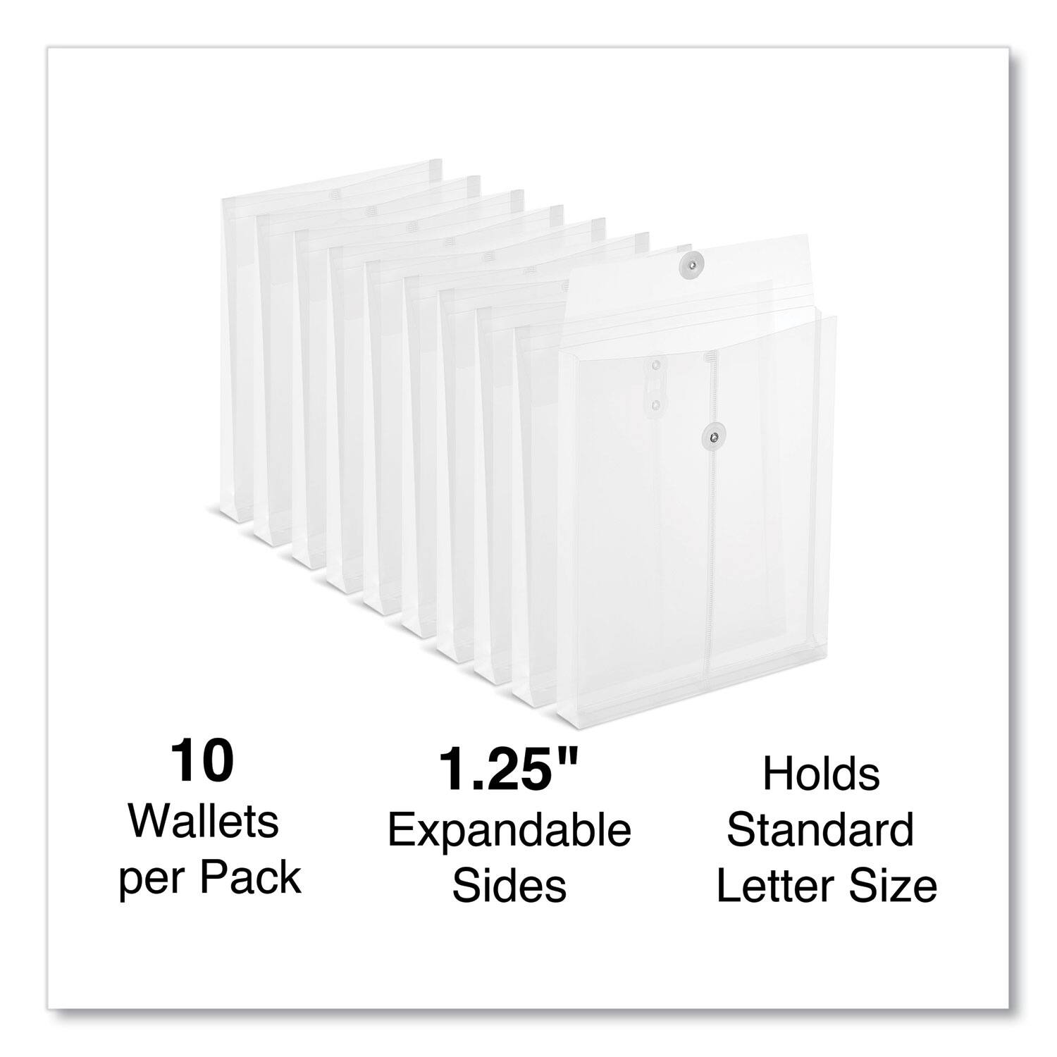 10 Wallets per Pack  
1.25" Expandable Sides  
Holds Standard Letter Size