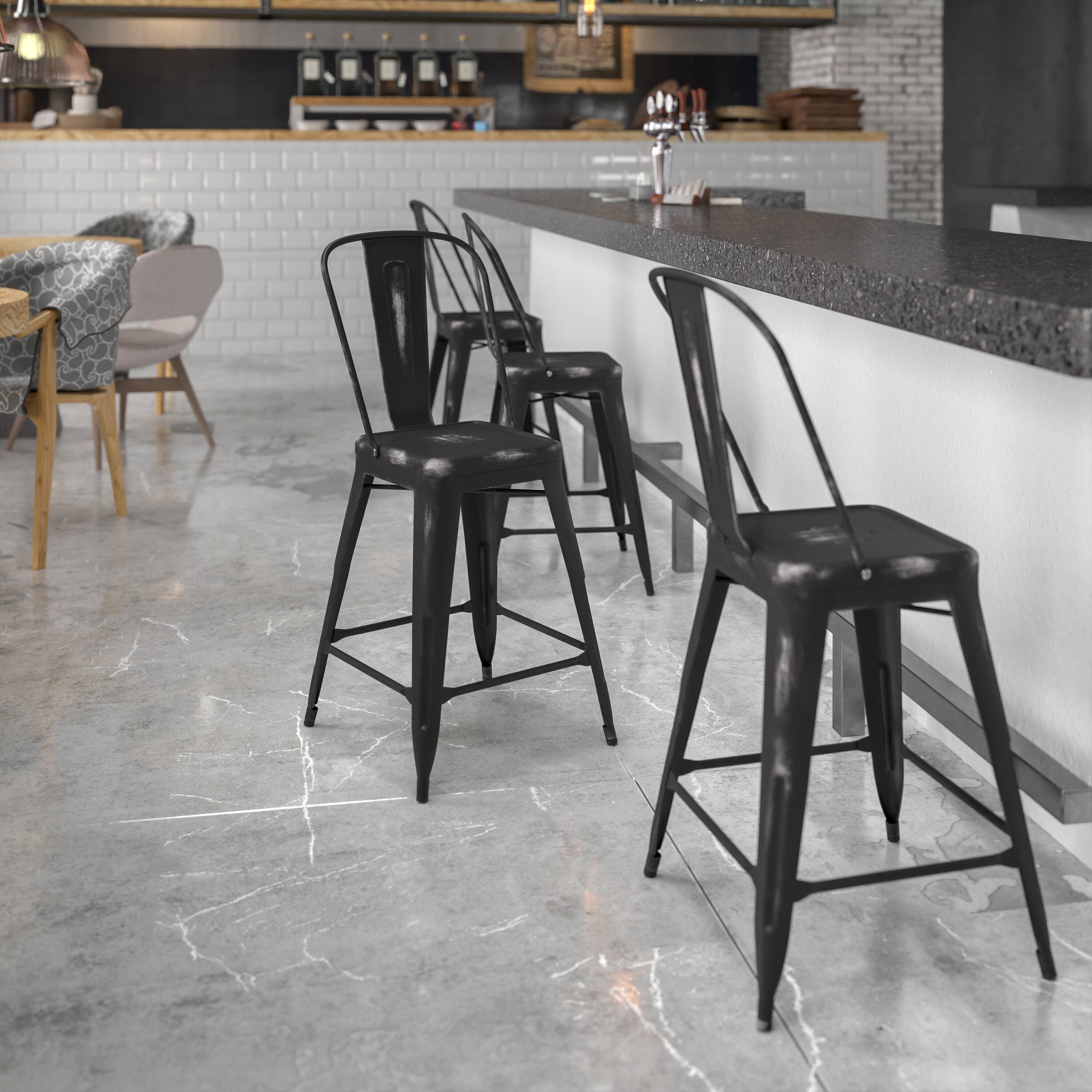Alt View 1. Emma + Oliver - Commercial Grade 24"H Distressed Metal Indoor-Outdoor Counter Stool with Back - Black.