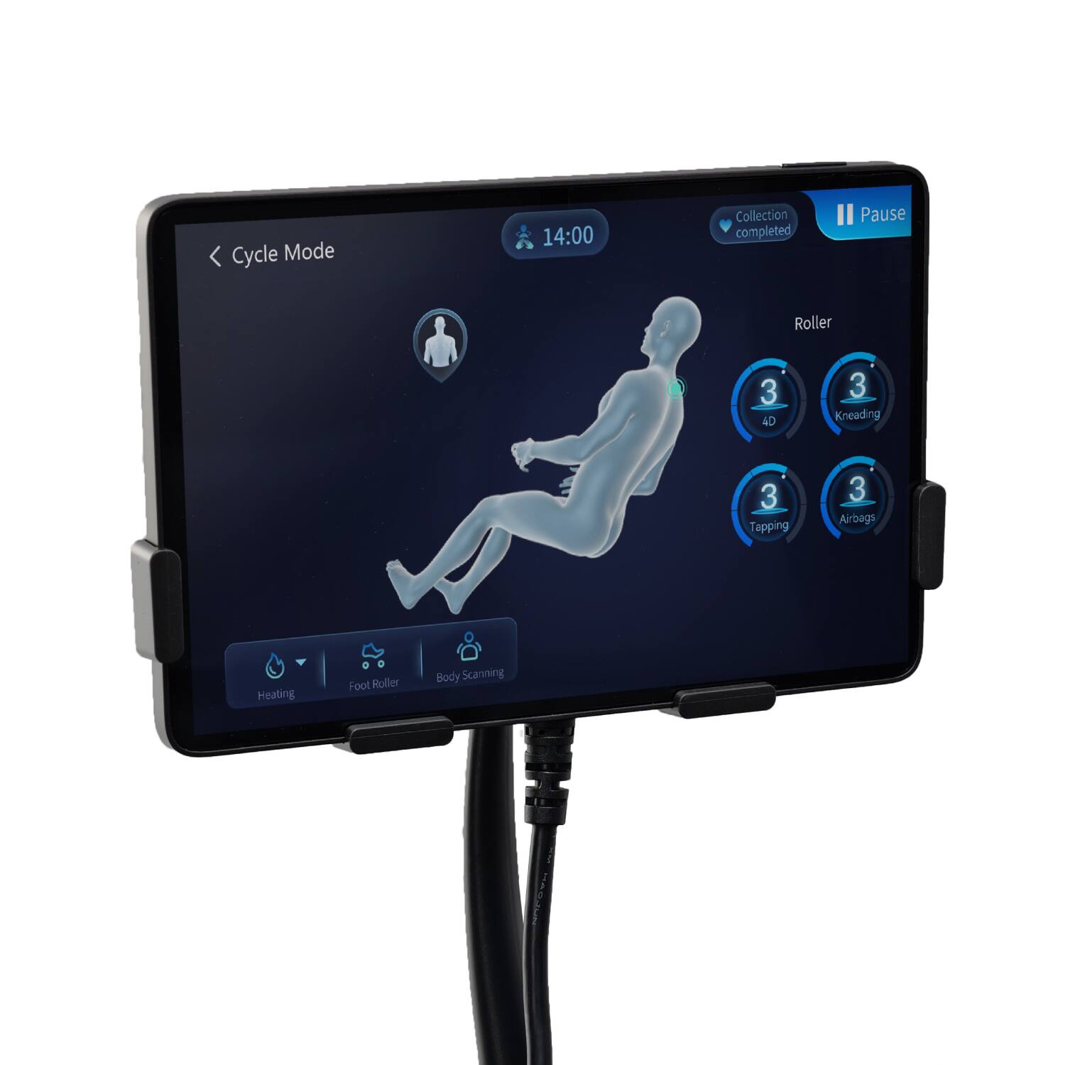 Cycle Mode  
14:00  
Collection completed  
Pause  
Roller  
3 4D  
3 Kneading  
3 Tapping  
3 Airbags  
Heating  
Foot Roller  
Body Scanning  
HAOJUN