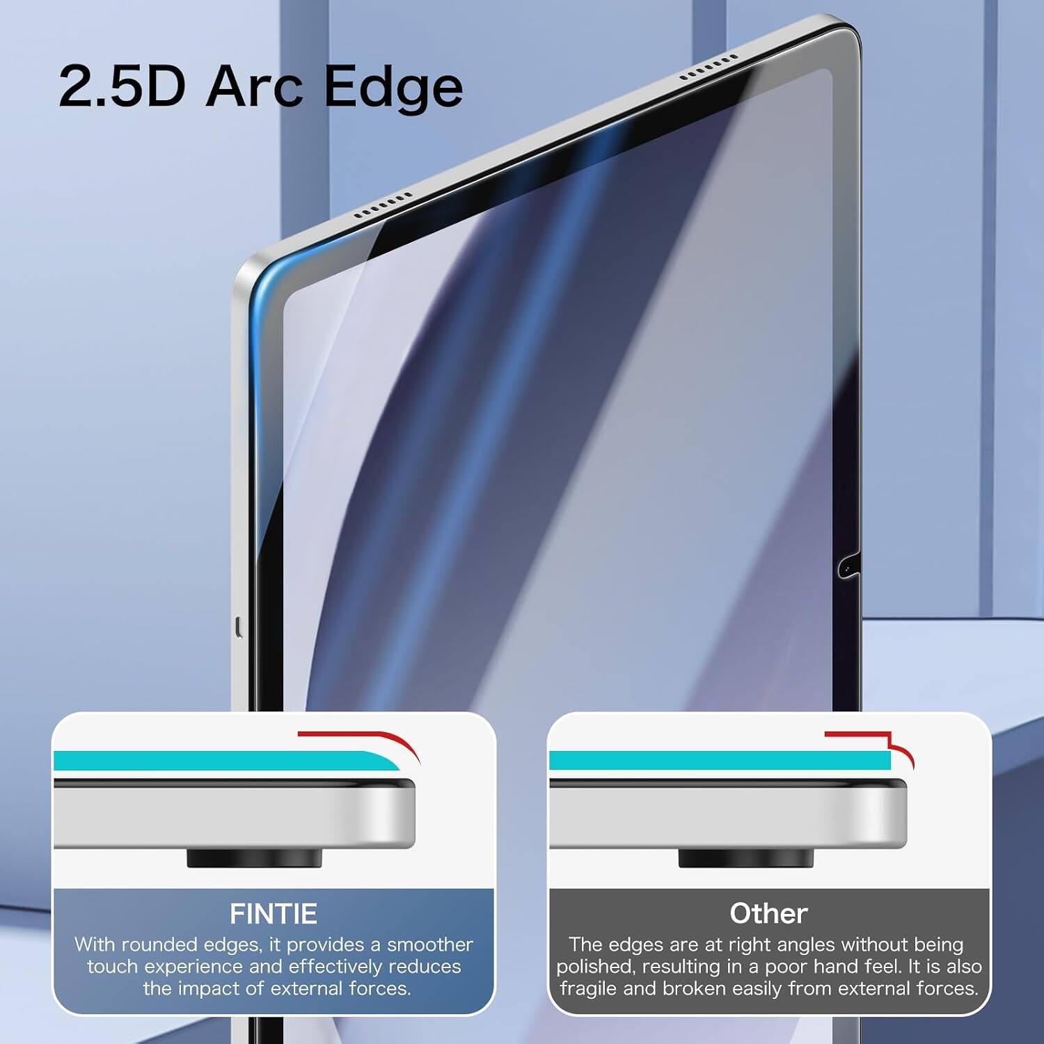 2.5D Arc Edge

FINTIE
With rounded edges, it provides a smoother touch experience and effectively reduces the impact of external forces.

Other
The edges are at right angles without being polished, resulting in a poor hand feel. It is also fragile and broken easily from external forces.