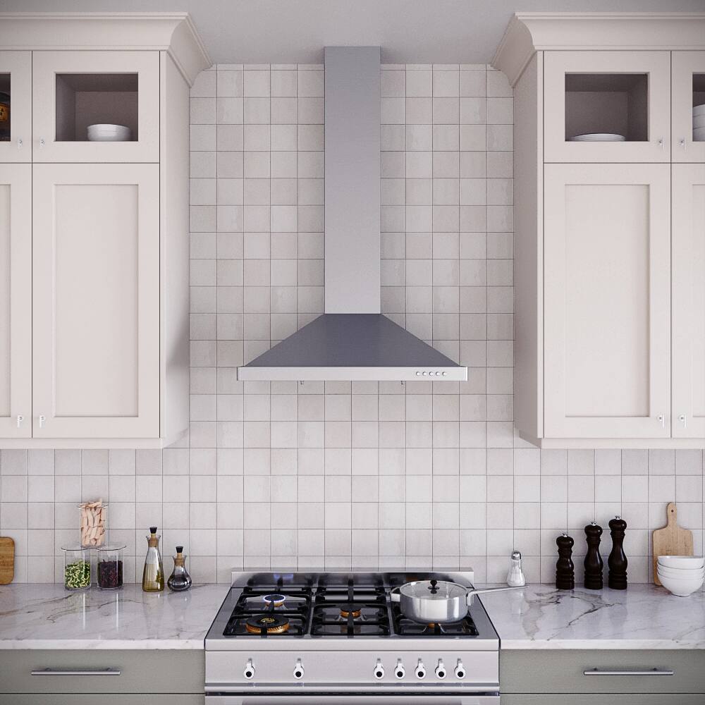 Left. Streamline - 30 in. Giacinto Ductless Wall Mount 220 CFM Range Hood, Baffle Filters, Push Button Control, LED Light - Brushed Stainless Steel.