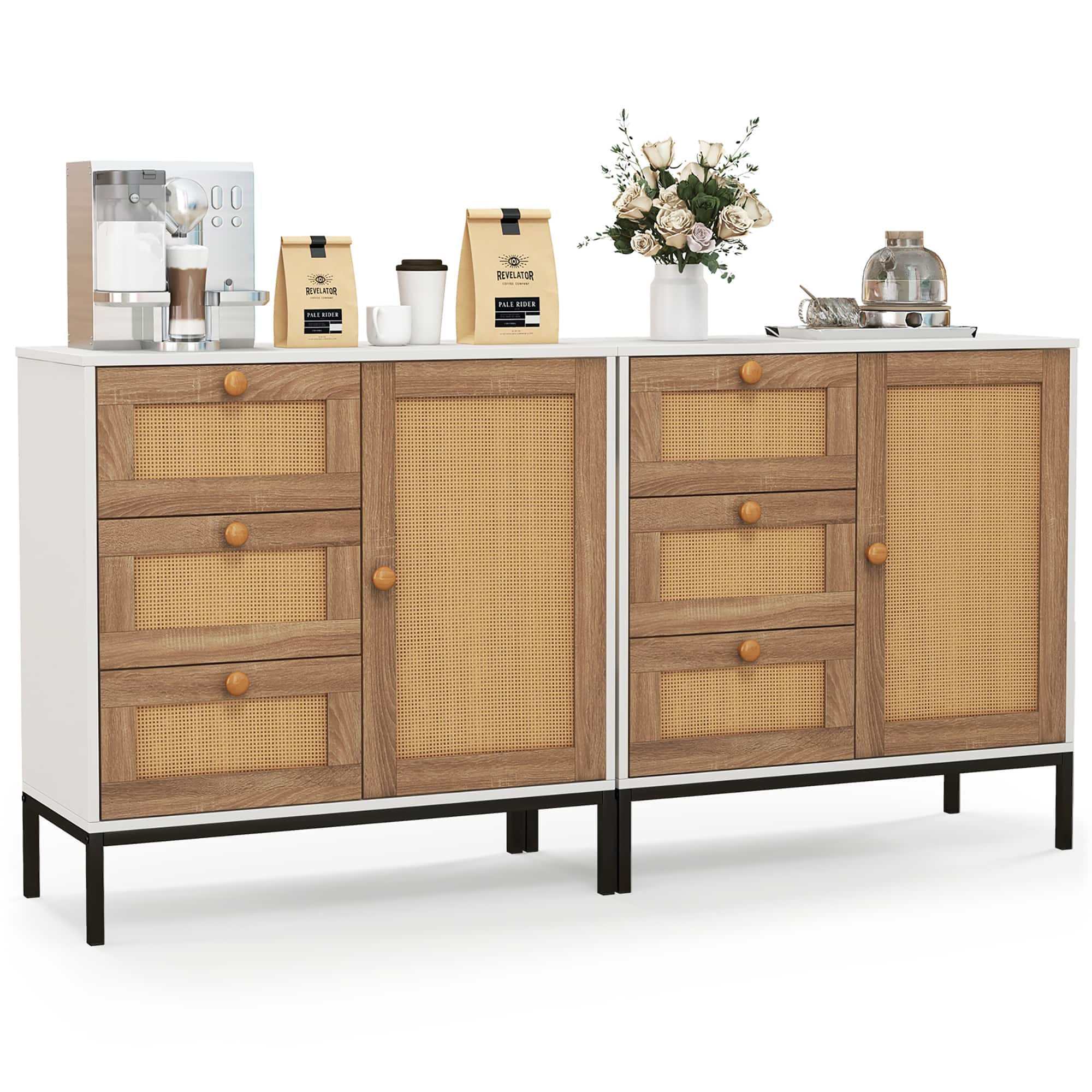 Gymax - Set of 2 Rattan Sideboard Buffet Cabinet Accent Cabinet w/ 1 Door & 3 Drawers - White, Natural, Black