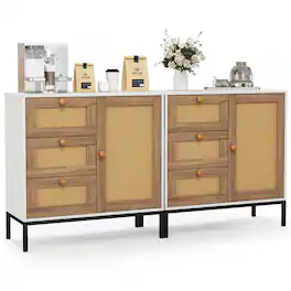 Gymax - Set of 2 Rattan Sideboard Buffet Cabinet Accent Cabinet w/ 1 Door & 3 Drawers - White, Natural, Black
