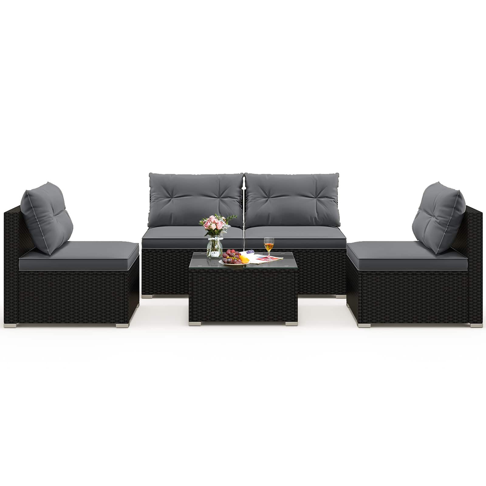 Gymax - Set Of 5 Outdoor Furniture Set w/ Seat & Back Cushions Tempered Glass Tabletop - Gray