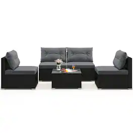Gymax - Set Of 5 Outdoor Furniture Set w/ Seat & Back Cushions Tempered Glass Tabletop - Gray