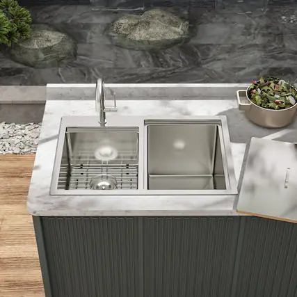 Front. Siljoy - Outdoor Double Bowl Drop-In Stainless Steel Sink with Workstation - Brushed Nickel.