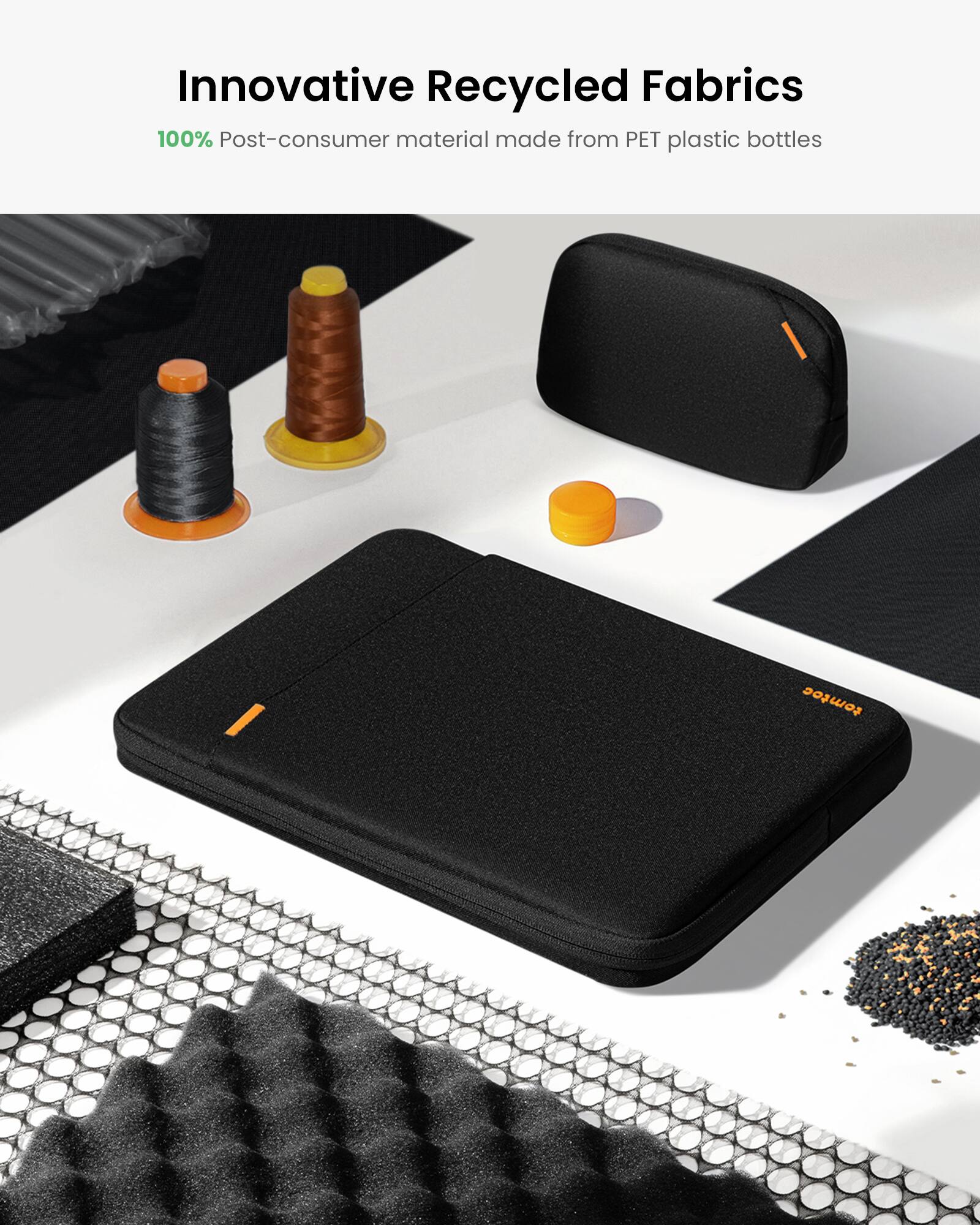 Innovative Recycled Fabrics: 100% Post-consumer material made from PET plastic bottles.