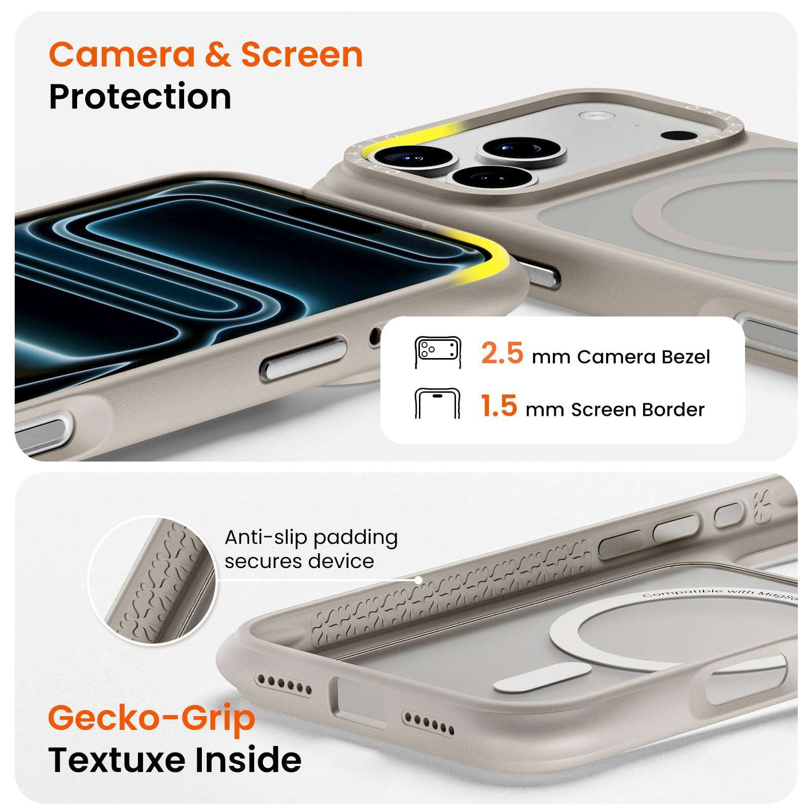 Camera & Screen Protection  
2.5 mm Camera Bezel  
1.5 mm Screen Border  
Anti-slip padding secures device  
Gecko-Grip Textuxe Inside