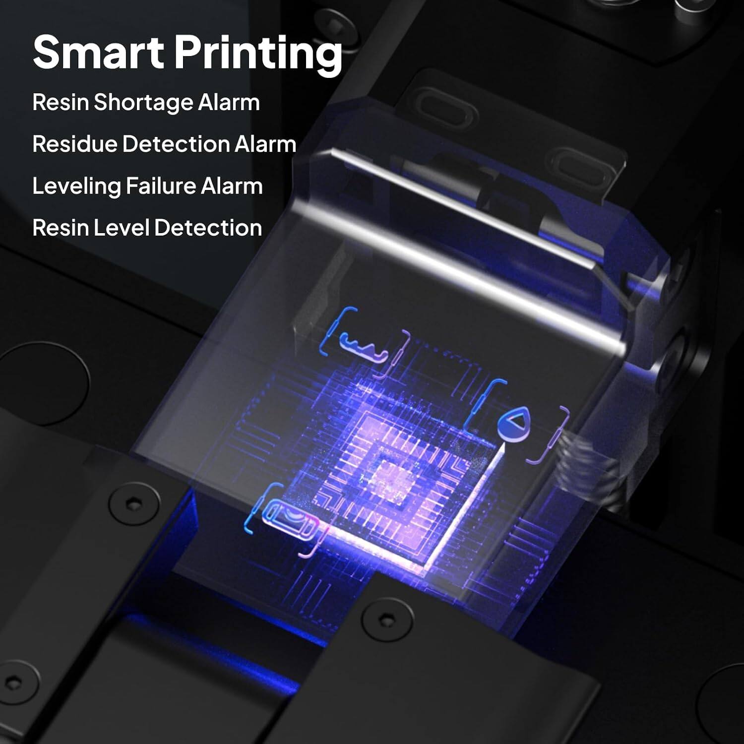 Smart Printing  
Resin Shortage Alarm  
Residue Detection Alarm  
Leveling Failure Alarm  
Resin Level Detection