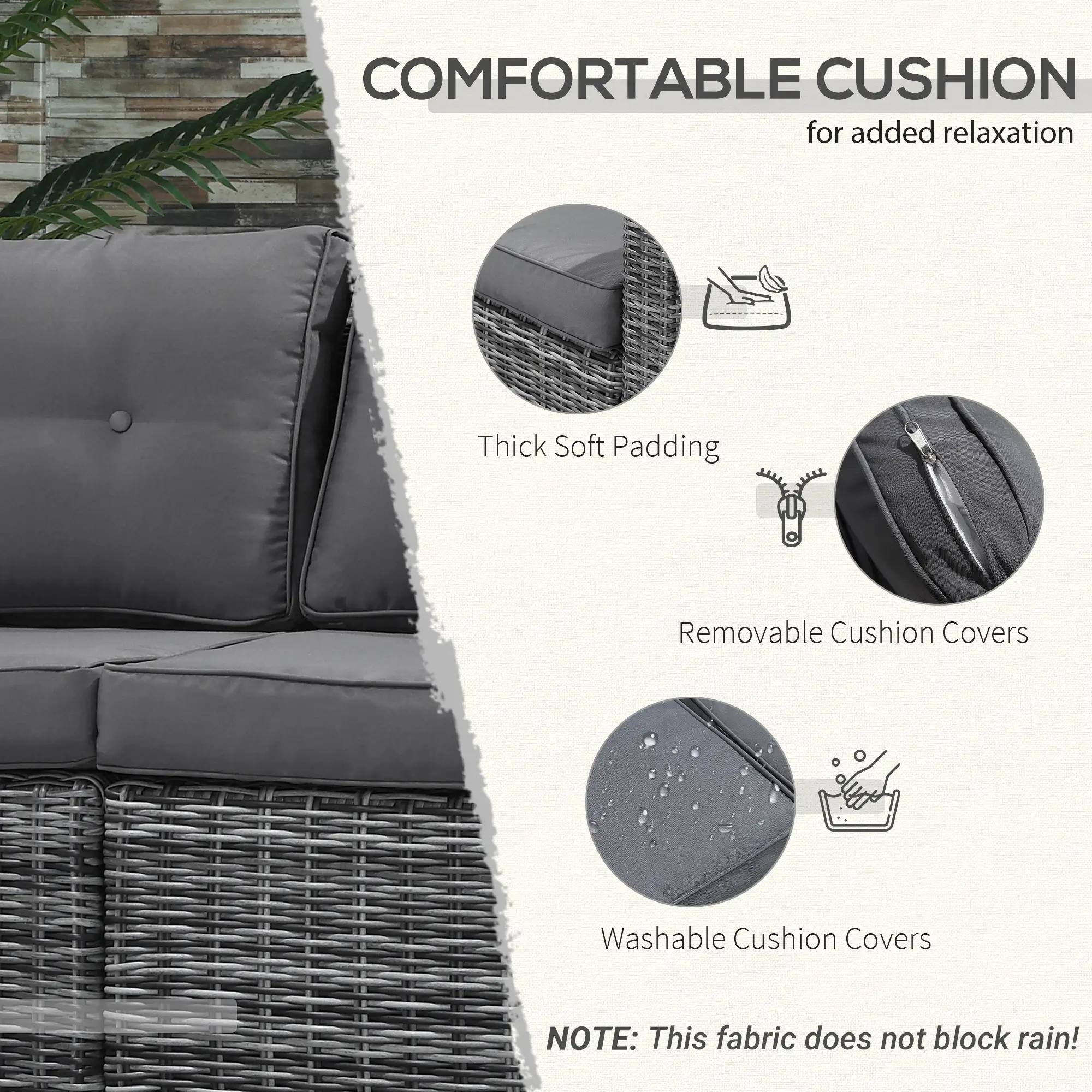 COMFORTABLE CUSHION for added relaxation
Thick Soft Padding
Removable Cushion Covers
Washable Cushion Covers
NOTE: This fabric does not block rain!