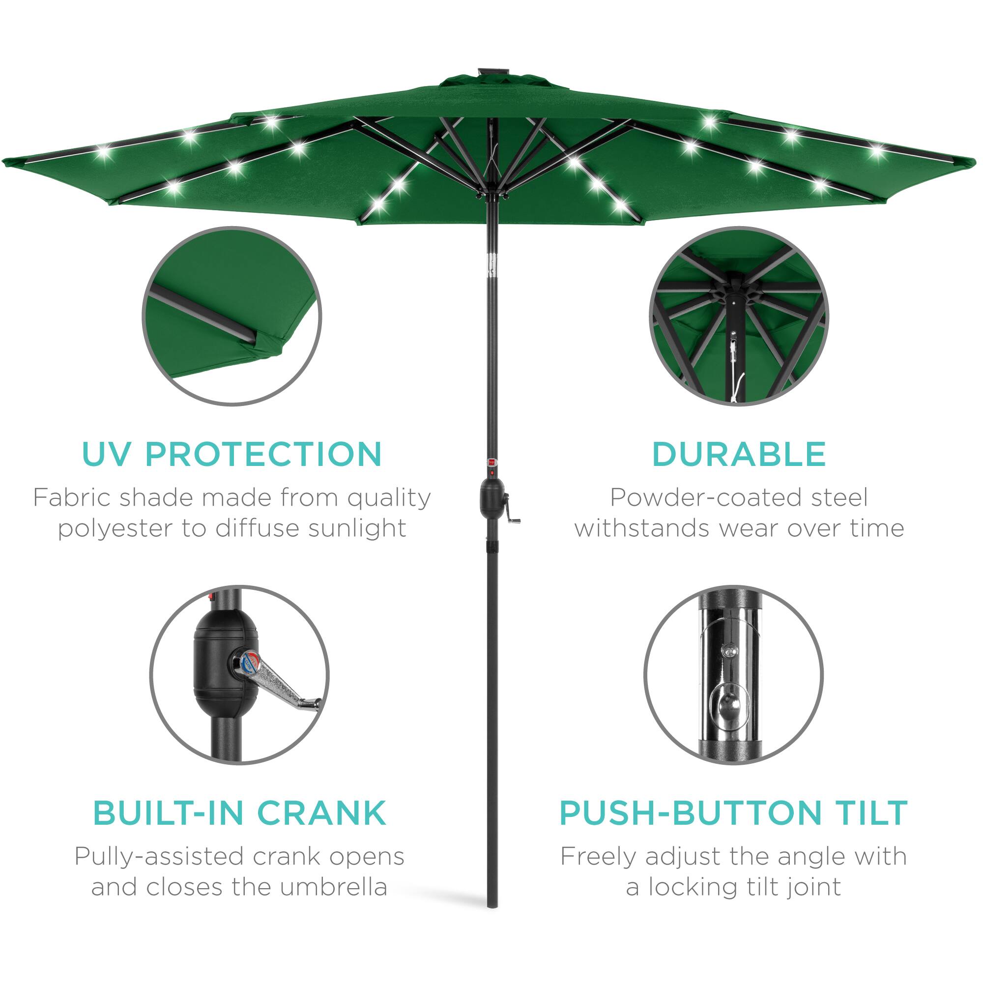 UV Protection: Fabric shade made from quality polyester to diffuse sunlight.  
Durable: Powder-coated steel withstands wear over time.  
Built-in Crank: Pulley-assisted crank opens and closes the umbrella.  
Push-button Tilt: Freely adjust the angle with a locking tilt joint.