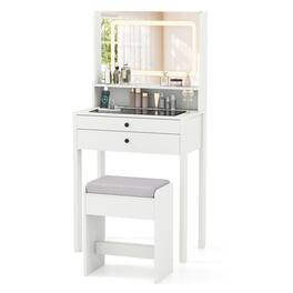 Gymax - Small Vanity Desk w/Mirror Lights Charging Station Glass Top Drawers Shelf - White