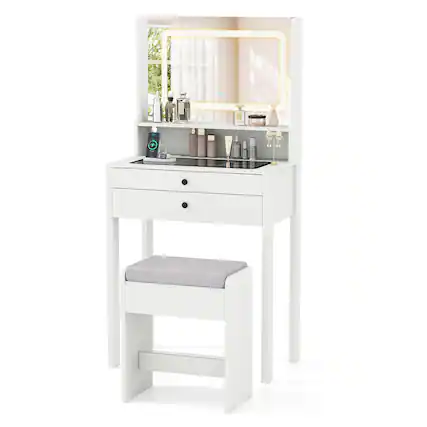 Front. Gymax - Gymax Small Vanity Desk w/Mirror Lights Charging Station Glass Top Drawers Shelf - White.