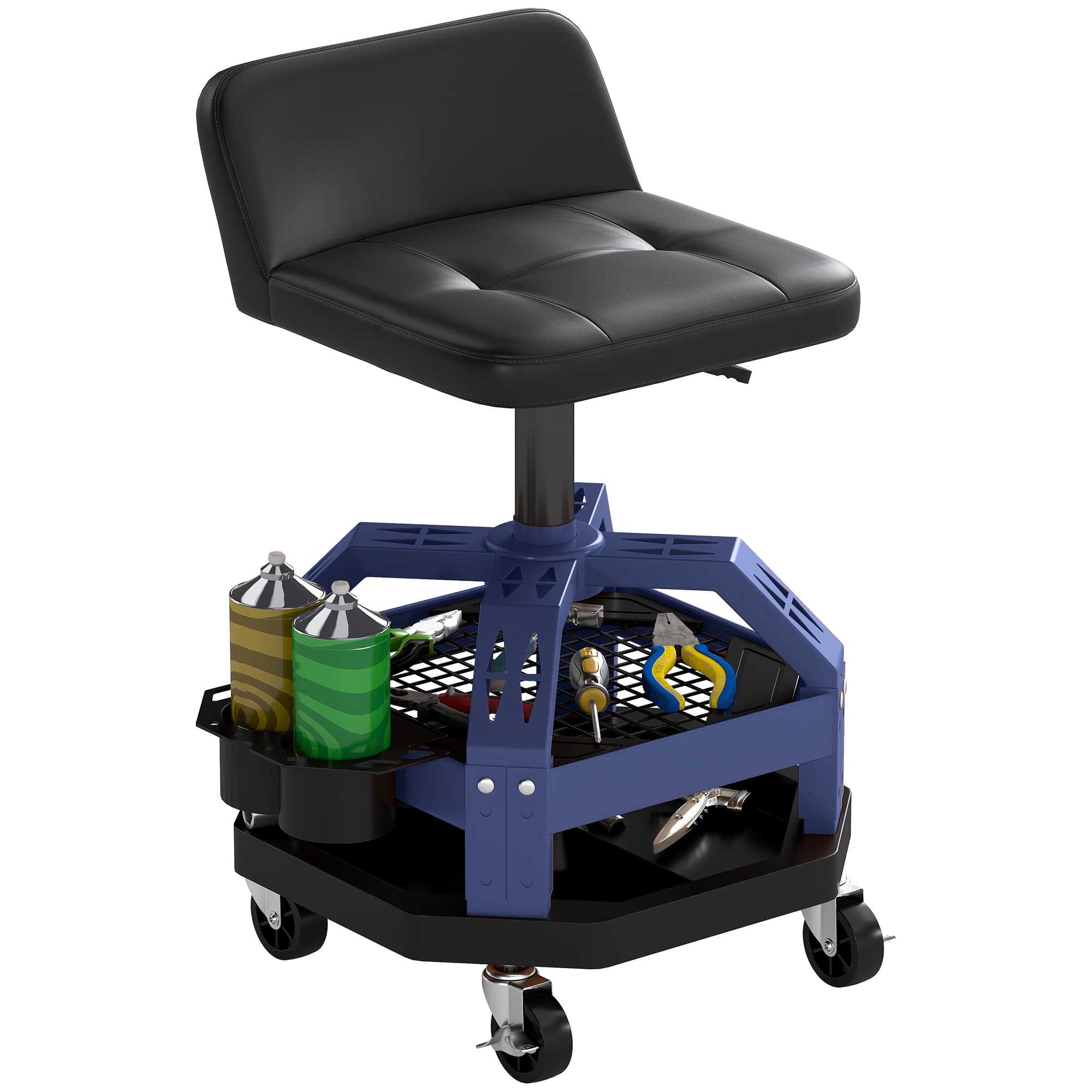Homcom - Creeper Garage Stool, 300 LBS Capacity Mechanic Stool with 360° Wheels, Tool Tray - Blue