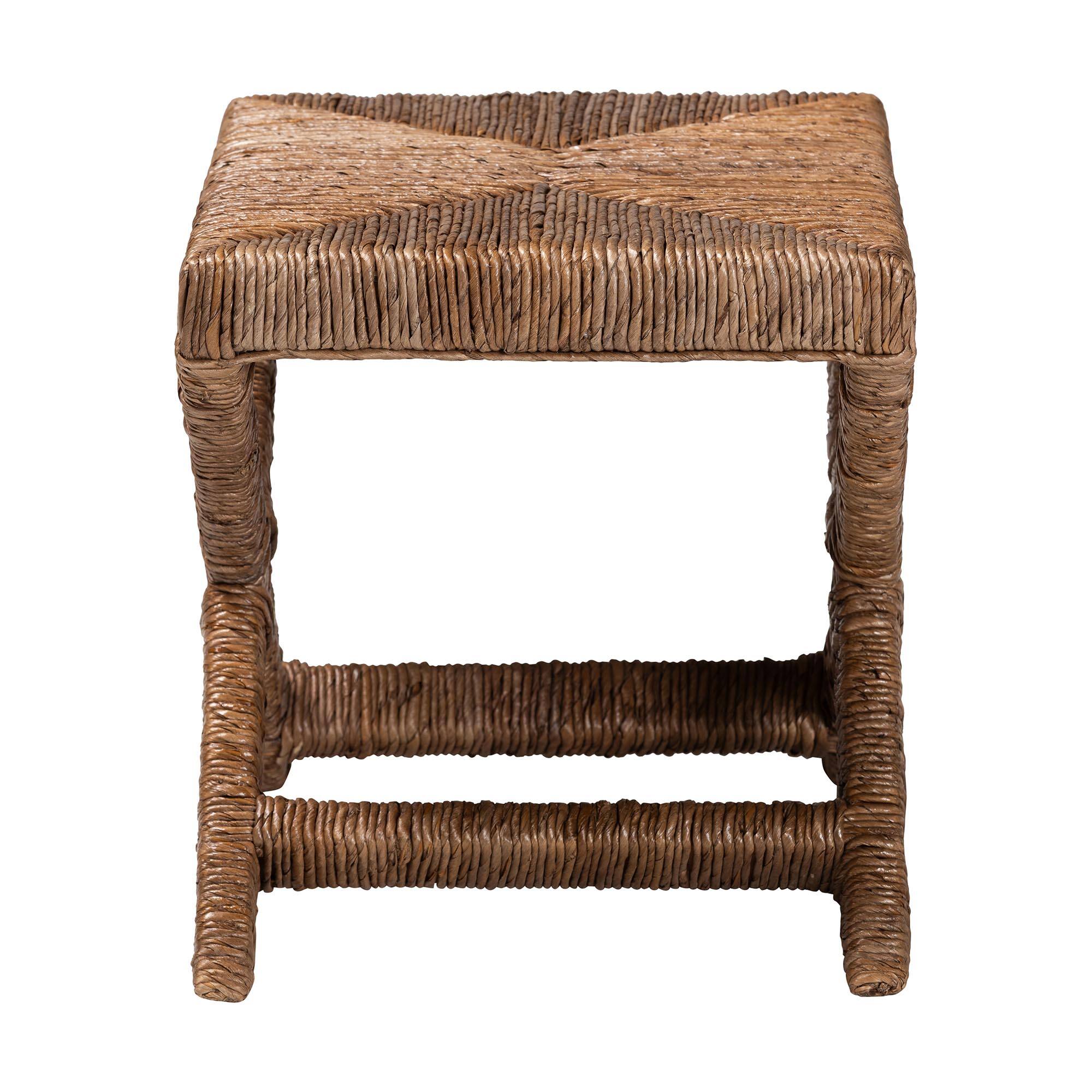 Left. bali & pari - Alda Woven Seagrass Ottoman - Handwoven Wicker Accent Stool with X Base, Boho Coastal Seating - Natural Brown.