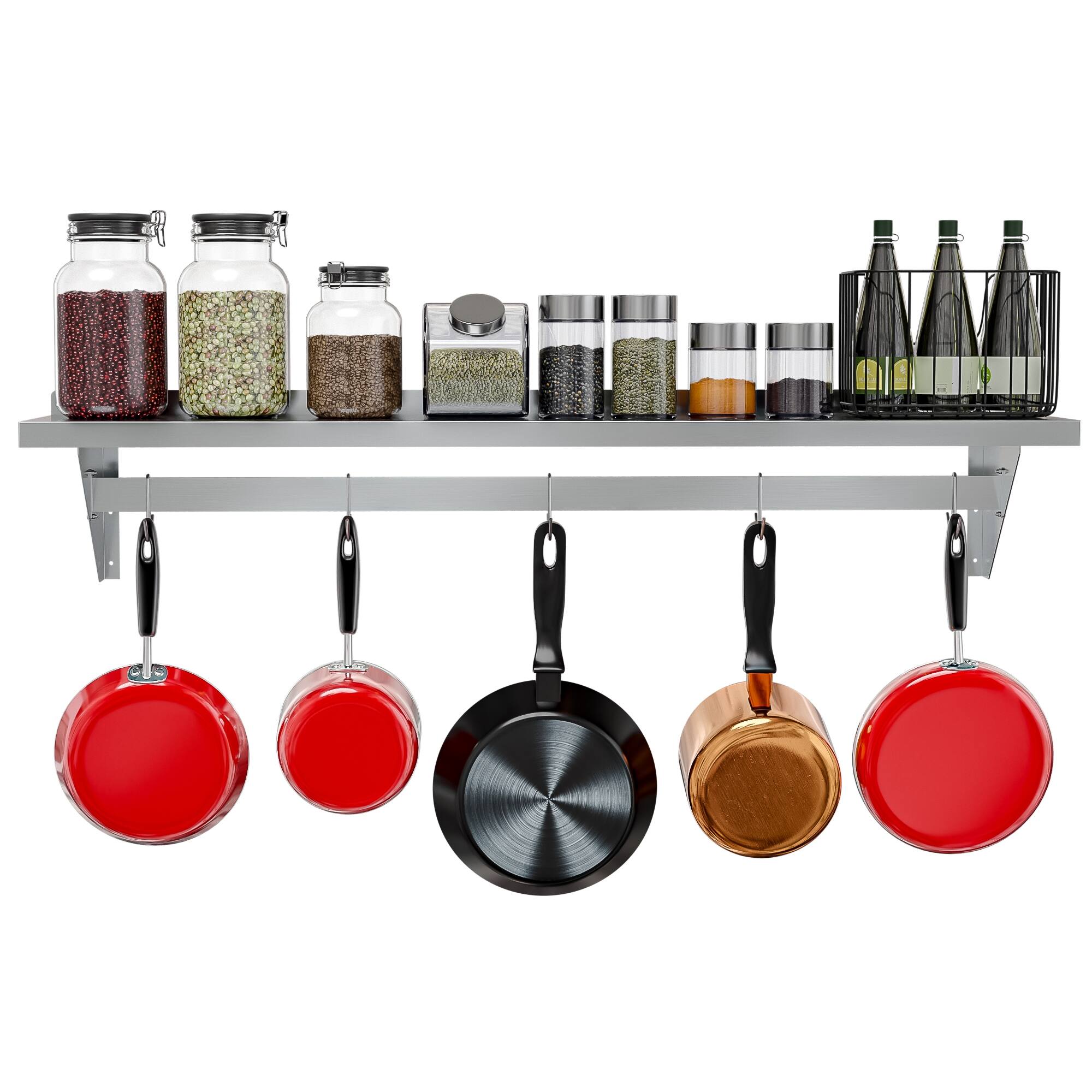 Alt View 6. Koolmore - 12" x 60" 18-Gauge Stainless-Steel Heavy Duty Wall Shelf with Pot Rack, WMPS-1260. - Stainless-Steel.