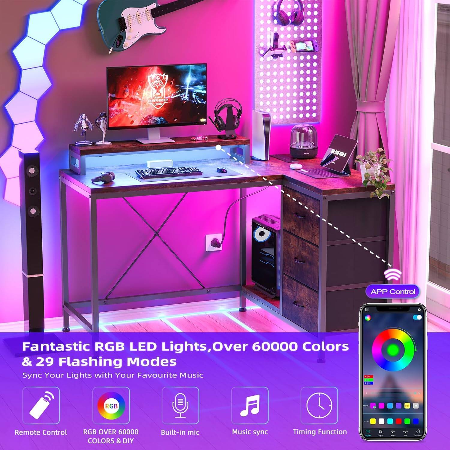 Fantastic RGB LED Lights, Over 60000 Colors & 29 Flashing Modes  
Sync Your Lights with Your Favourite Music  

- Remote Control  
- RGB OVER 60000 COLORS & DIY  
- Built-in mic  
- Music sync  
- Timing Function  

APP Control