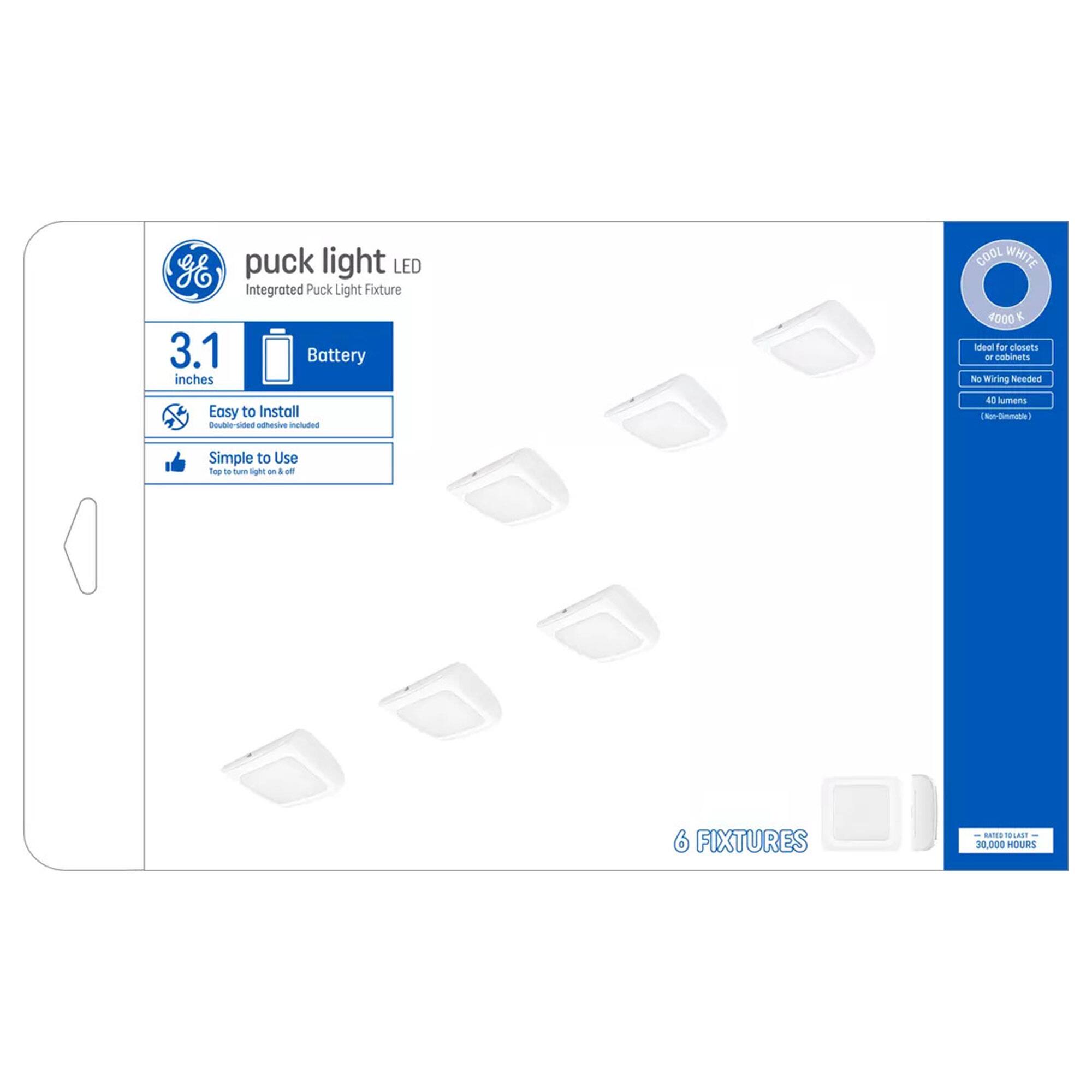 Sure, here is the corrected and grouped text from the image:

---

**Puck Light LED**  
Integrated Puck Light Fixture

- **3.1 inches**  
  Battery

- **Easy to Install**  
  No wiring needed

- **Simple to Use**  
  Tap to turn light on & off

- **6 FIXTURES**

- **COOL WHITE**  
  4000K  
  Ideal for closets or cabinets  
  No Wiring Needed  
  40 lumens  
  (Non-Dimmable)

- **30,000 HOURS**  
  Battery Life

---