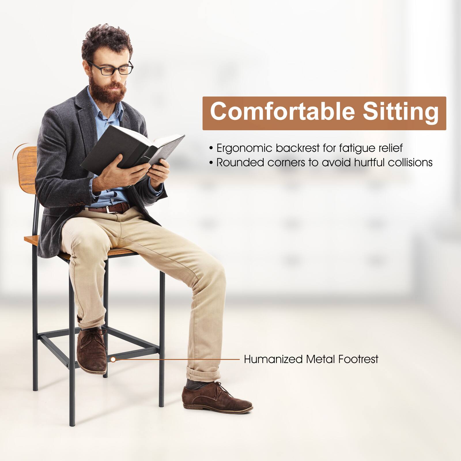 Comfortable Sitting

Ergonomic backrest for fatigue relief
Rounded corners to avoid hurtful collisions
Humanized Metal Footrest
