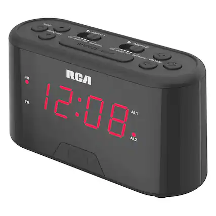 RCA Alarm Clock
- Radio
- Snooze/Set
- Alarm 1
- Alarm 2
- Volume
- PM
- FM
- 12:08
- AL1
- AL2