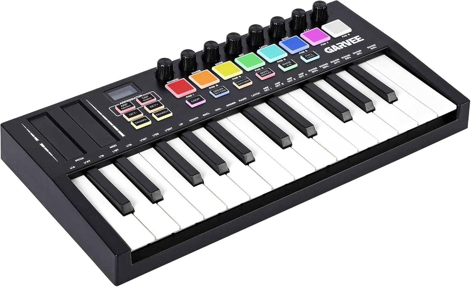 Qeetex - Senfot 25-Key MIDI Controller: 8 Pads, 8 Knobs, OLED Display & DAW Software