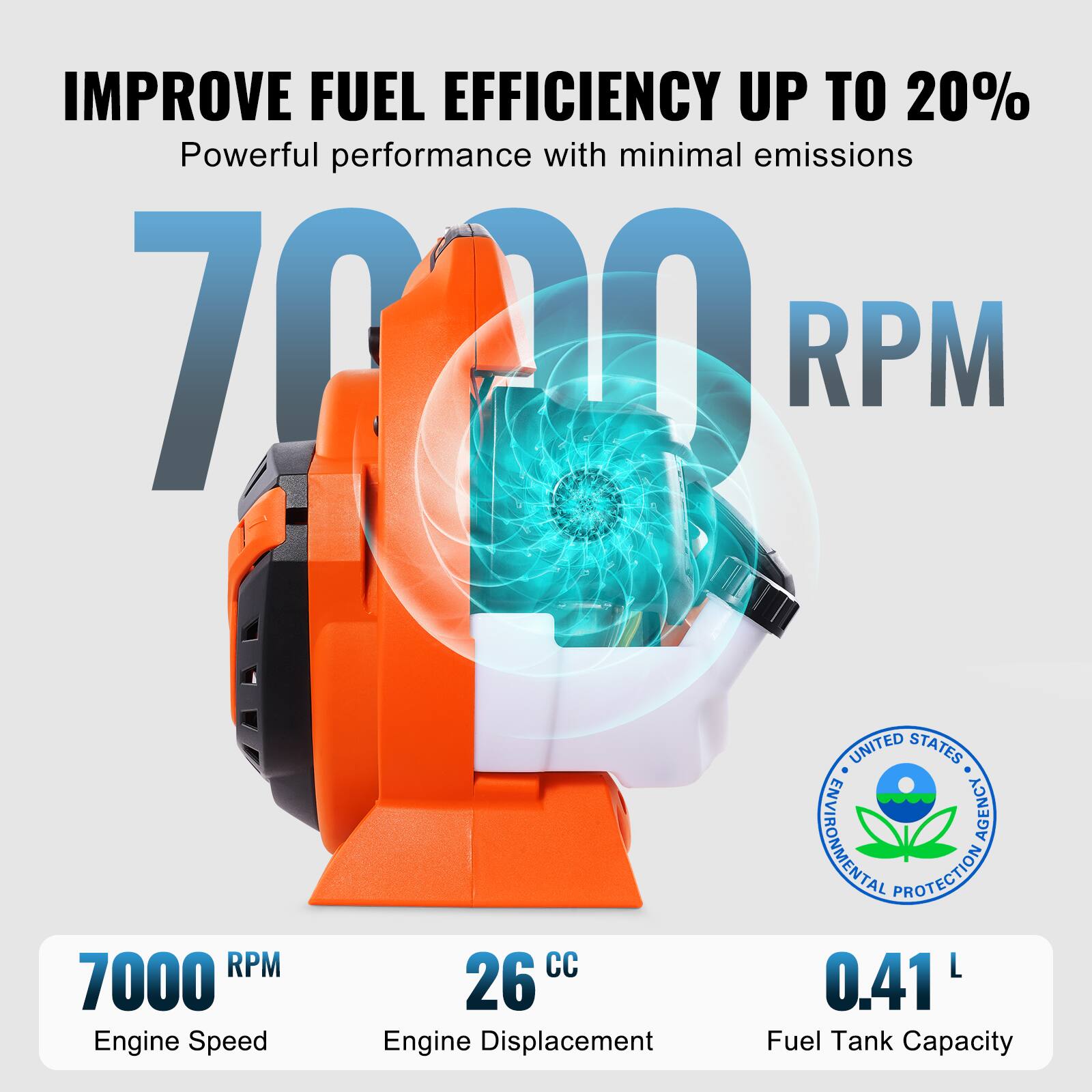 IMPROVE FUEL EFFICIENCY UP TO 20%  
Powerful performance with minimal emissions  

7000 RPM  

7000 RPM  
Engine Speed  

26 CC  
Engine Displacement  

0.41 L  
Fuel Tank Capacity  

UNITED STATES ENVIRONMENTAL PROTECTION AGENCY