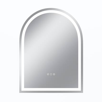 Front. Boyel Living - 24 x 32 in Rectangle Aluminum Frame Arched Mirror with Front Light and Anti-Distortion Glass.