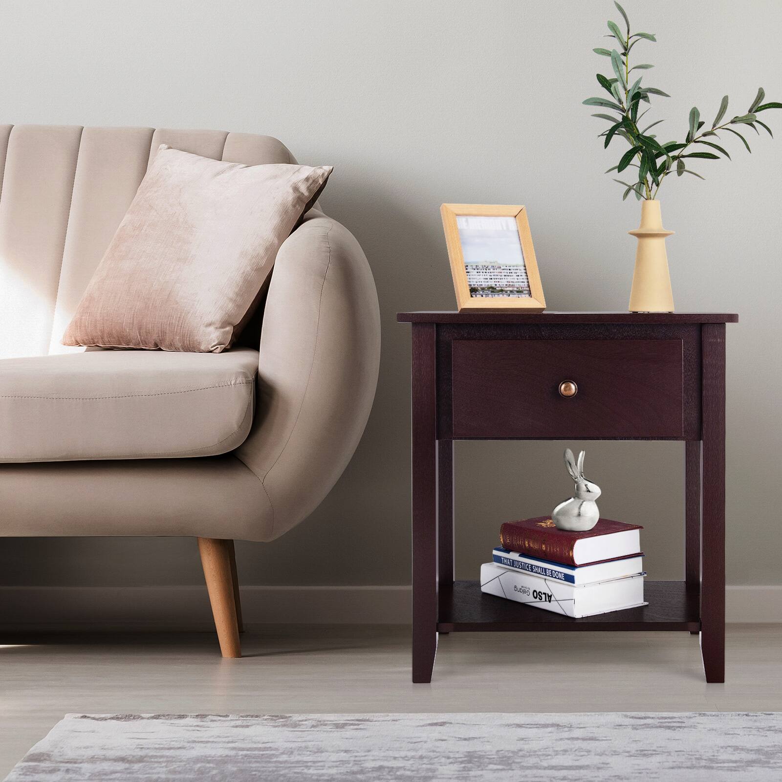 Alt View 4. Costway - Costway 2PCS Nightstand Sofa End Side Table W/ Storage Drawer Bottom Shelf - Espresso.